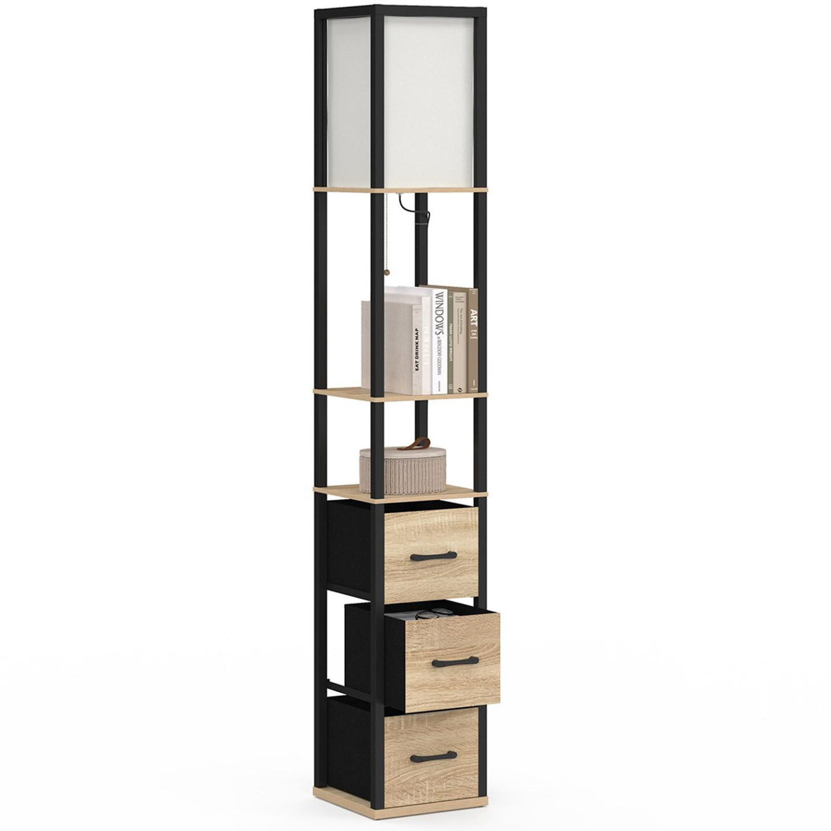 ID MARKET Lampadaire industriel en bois noir avec étagères bois clair 3 tiroirs tissu UTAH et abat-jour carré blanc