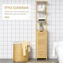 KLEANKIN Meuble colonne rangement salle de bain style cosy dim. 34L x 30l x 173H cm porte à lattes 3 étagères bambou MDF aspect bois clair