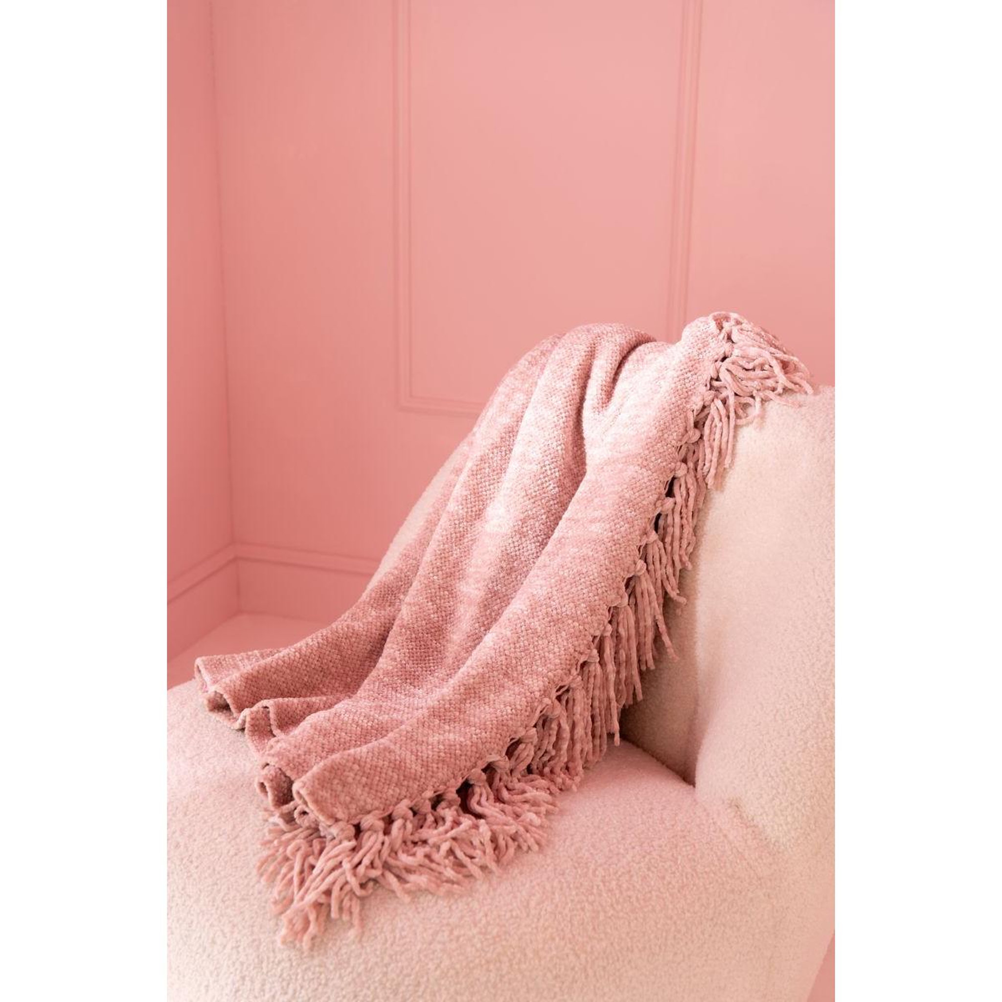 Voir la diapositive 3 : J-LINE Plaid à franges  chenille  130x170cm rose clair