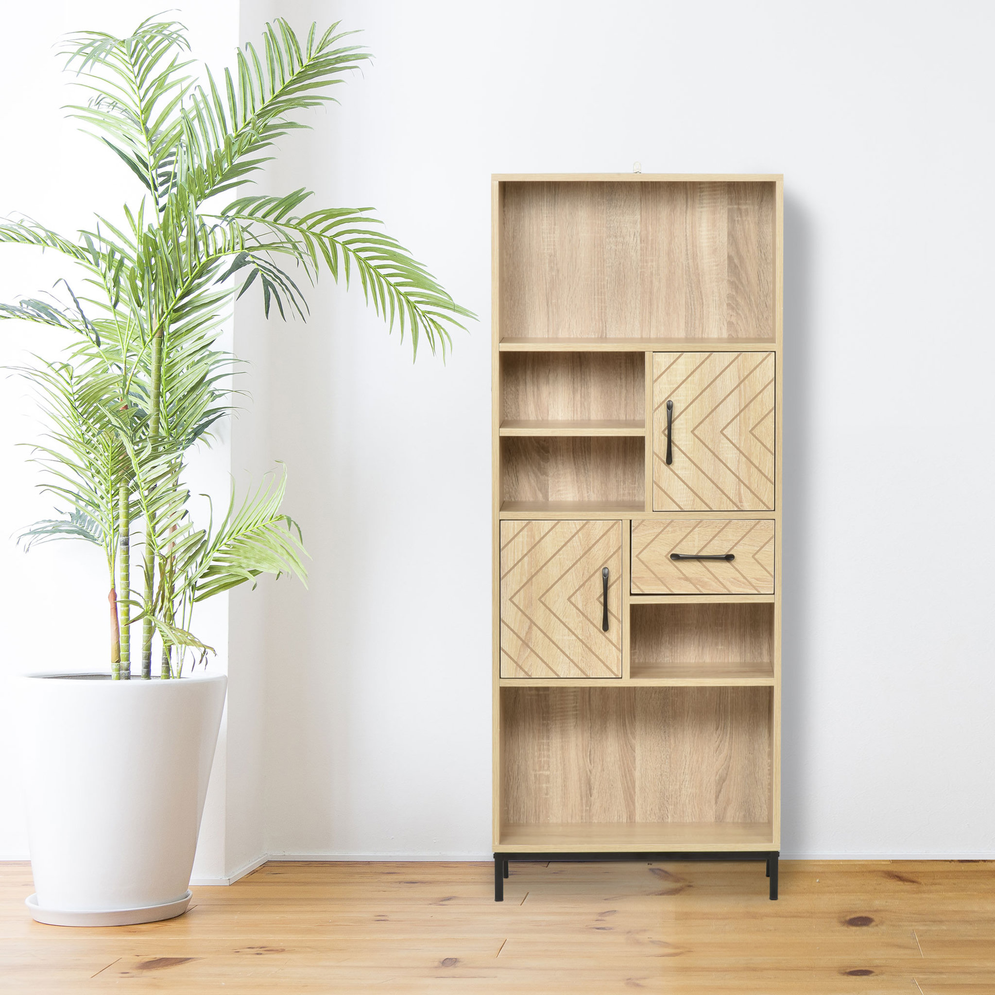 Voir la diapositive 2 : HOMCOM Biblliothèque 2 étagères 3 niches 2 placards + tiroir panneaux particules MDF chêne clair motif graphique métal noir
