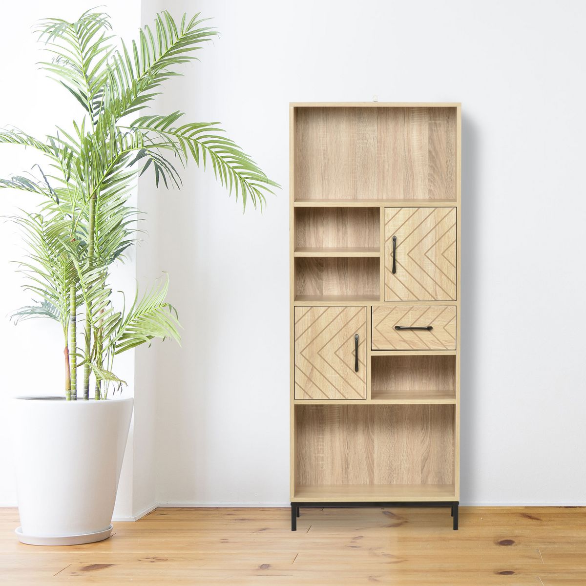 HOMCOM Biblliothèque 2 étagères 3 niches 2 placards + tiroir panneaux particules MDF chêne clair motif graphique métal noir