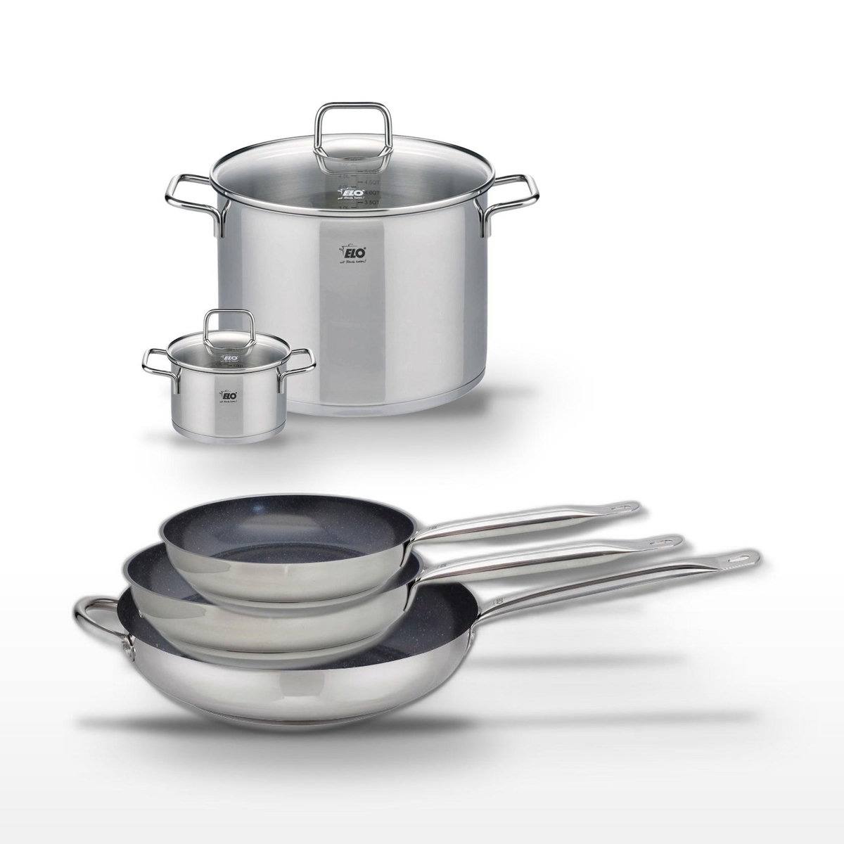 ELO Lot de 3 Poêles Elo Profi Therm Platinum 24/28/32 cm et 2 Faitouts Elo Citrin