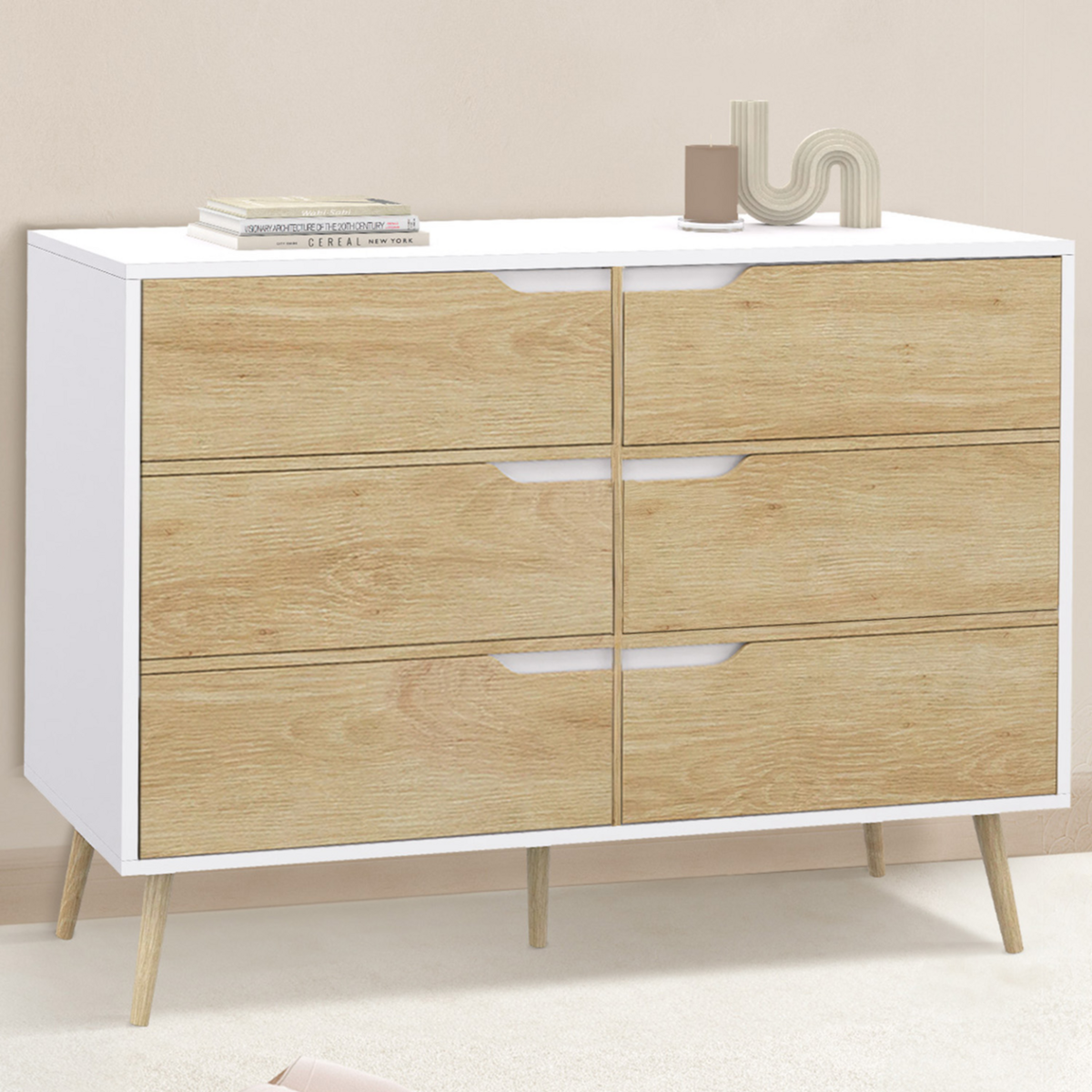ID MARKET Commode 6 tiroirs HELSINKI 115 cm scandinave blanc et effet hêtre