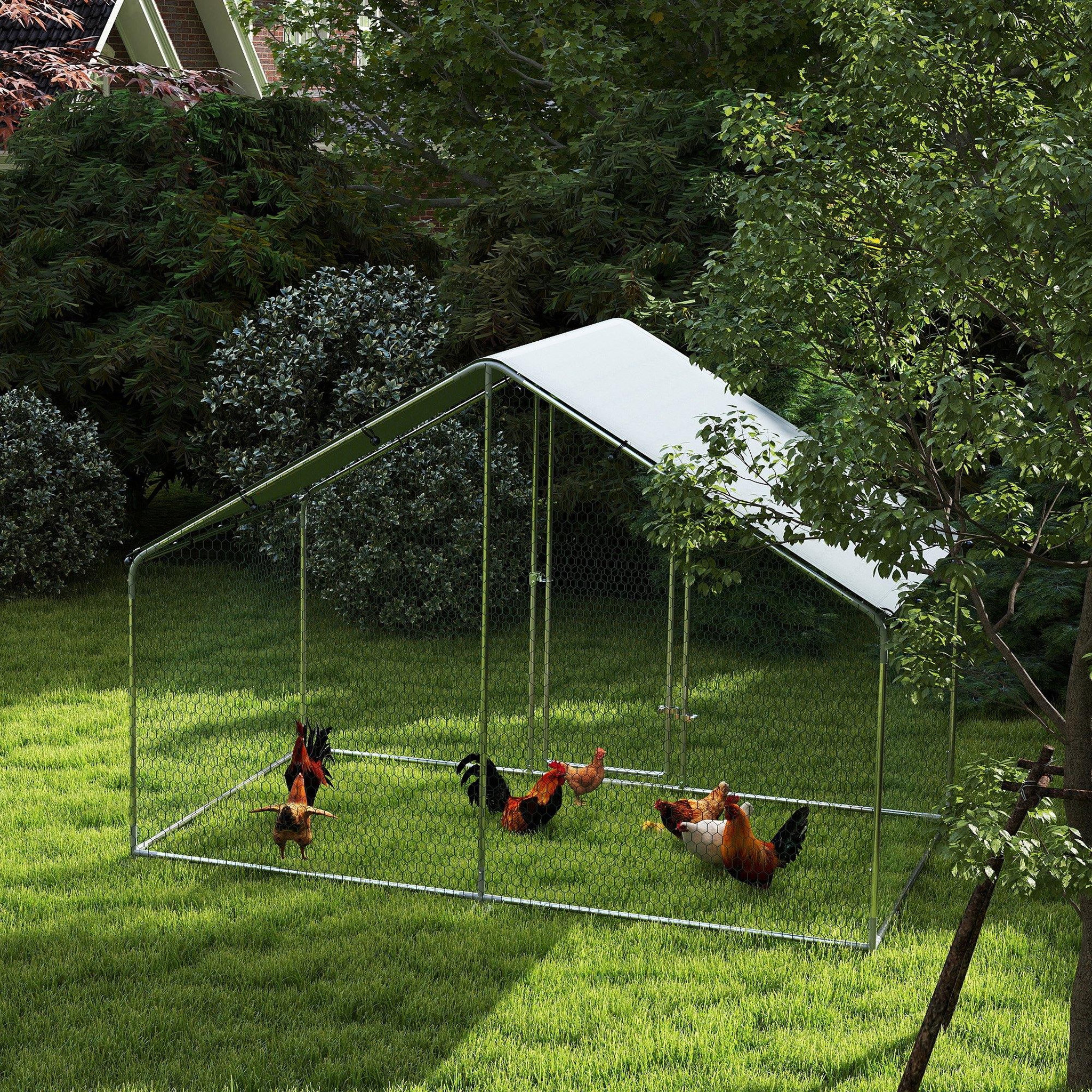 Voir la diapositive 4 : PAWHUT Enclos poulailler chenil 5,1 m² couvert - parc grillagé dim. 3L x 1,7l x 1,9H m - porte - acier galvanisé oxford gris