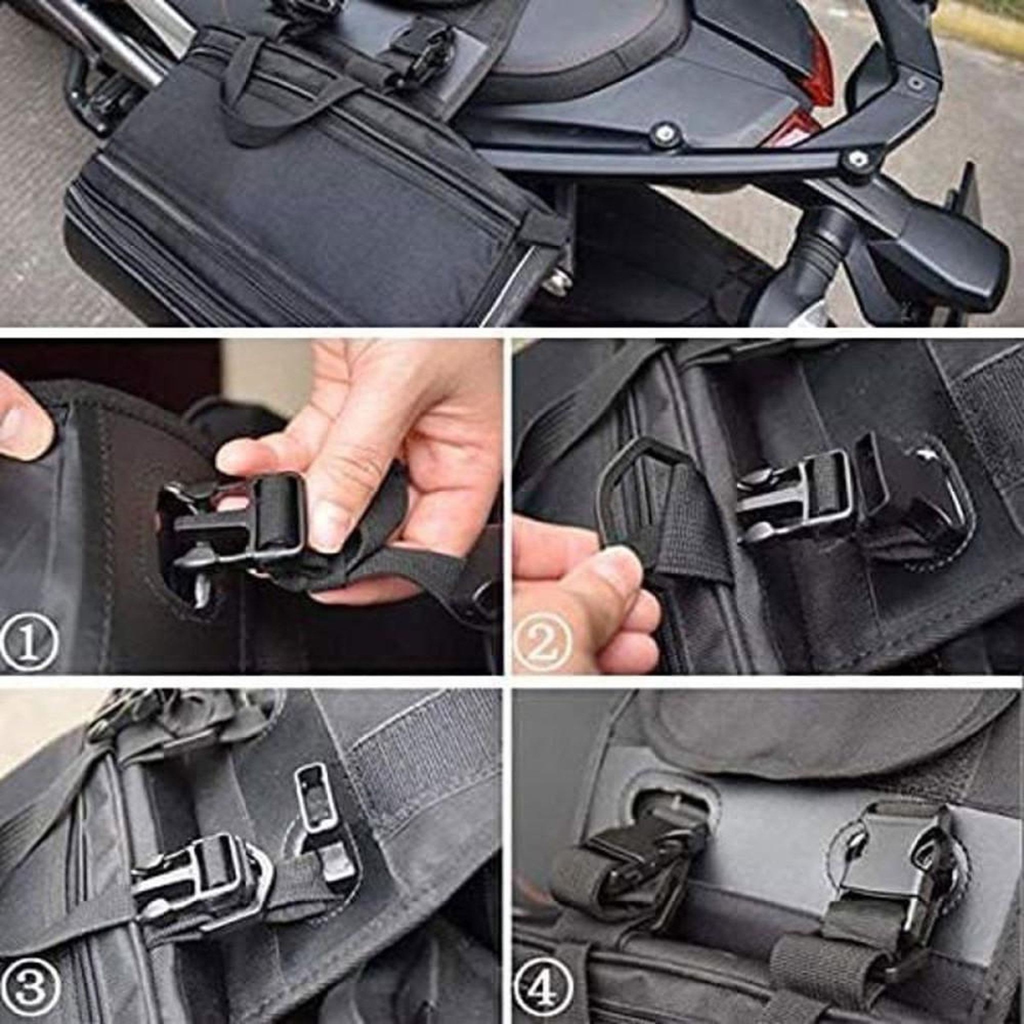 Voir la diapositive 3 : Sacs de moto imperméables extensibles 60 L noir style carbone, set 3 pièces (2 sacoches latérales + sac arrière/haut)