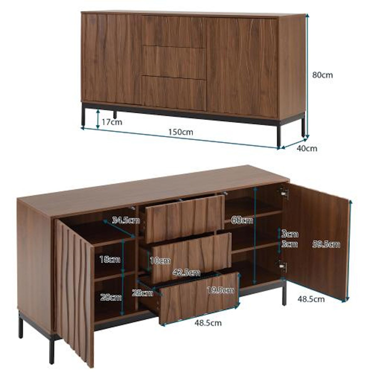 MERAX Buffet 2 porte(s) 3 tiroir(s) - 150 cm naturel mdf