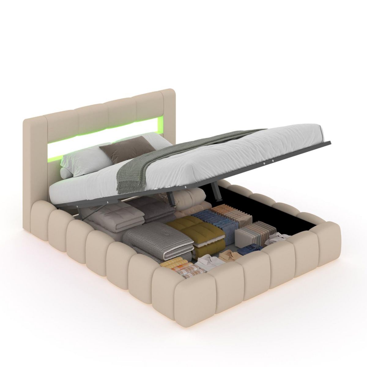 CONCEPT USINE Lit nuage coffre LED 140x190cm velours beige OMAHA