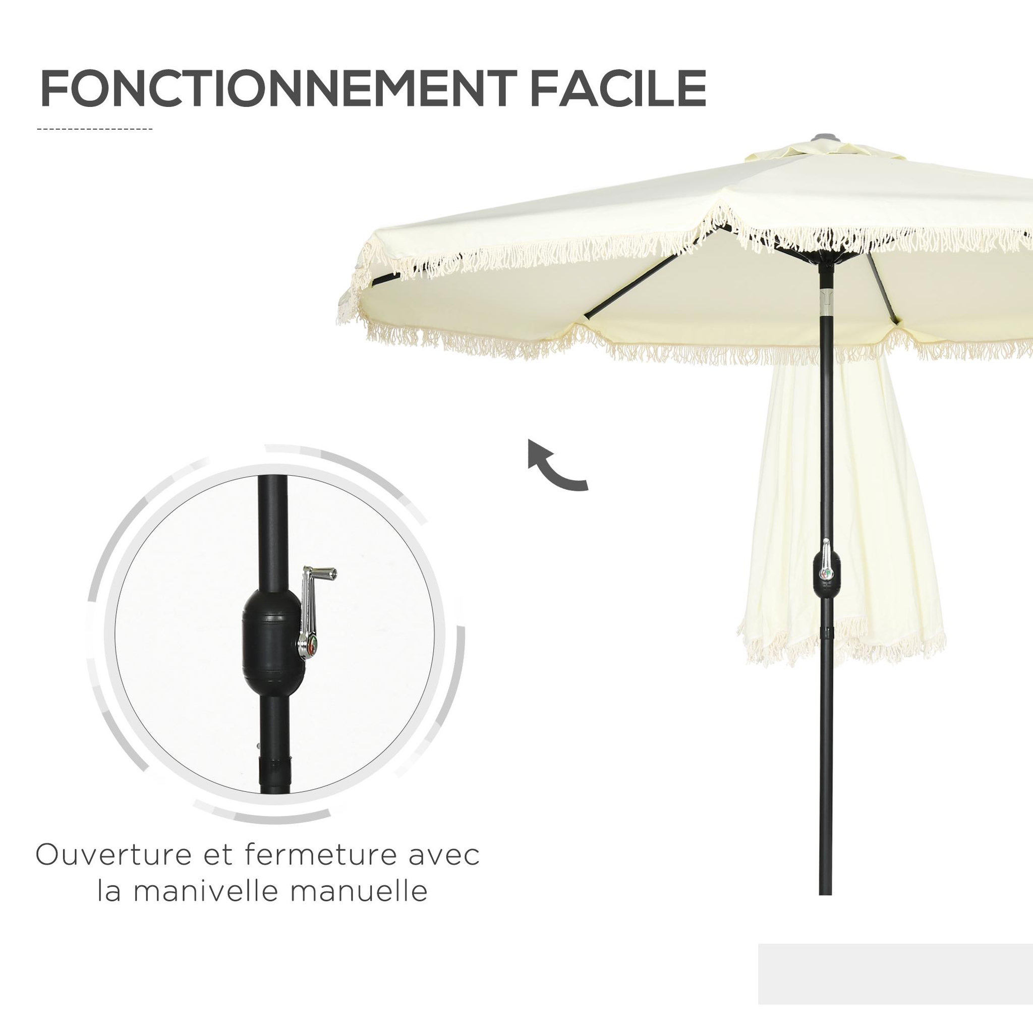 Voir la diapositive 5 : OUTSUNNY Parasol octogonal inclinable Ø 2,68 x 2,32H m mât acier noir polyester haute densité 180 g/m² crème