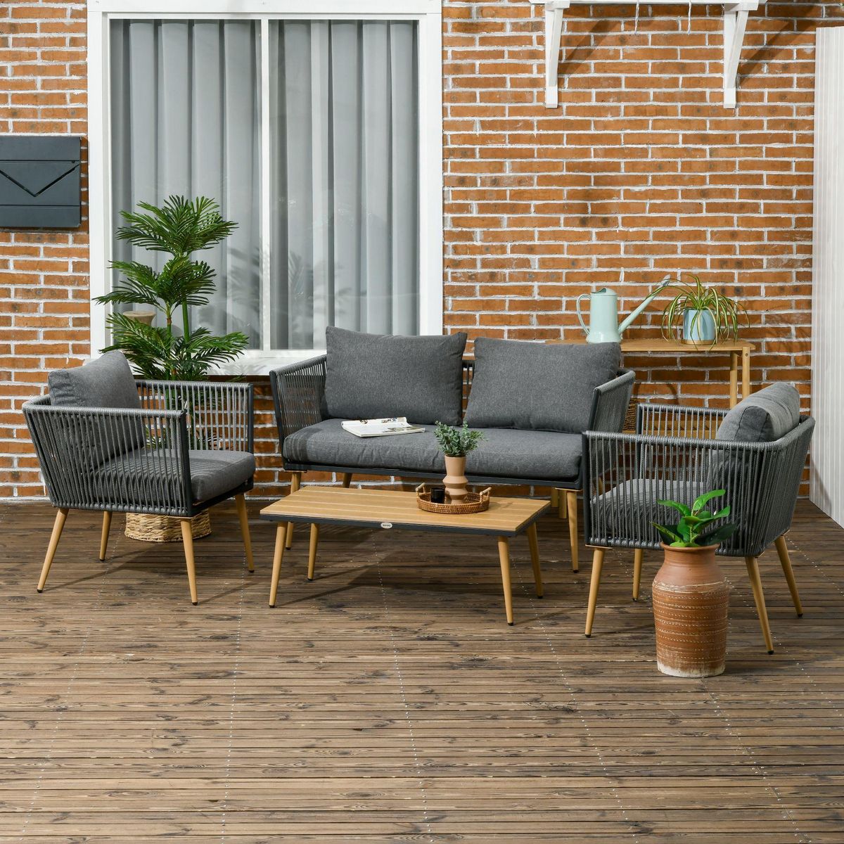 OUTSUNNY Salon de jardin 4 places 4 pièces design scandinave acier époxy résine filaire PE coussins inclus gris