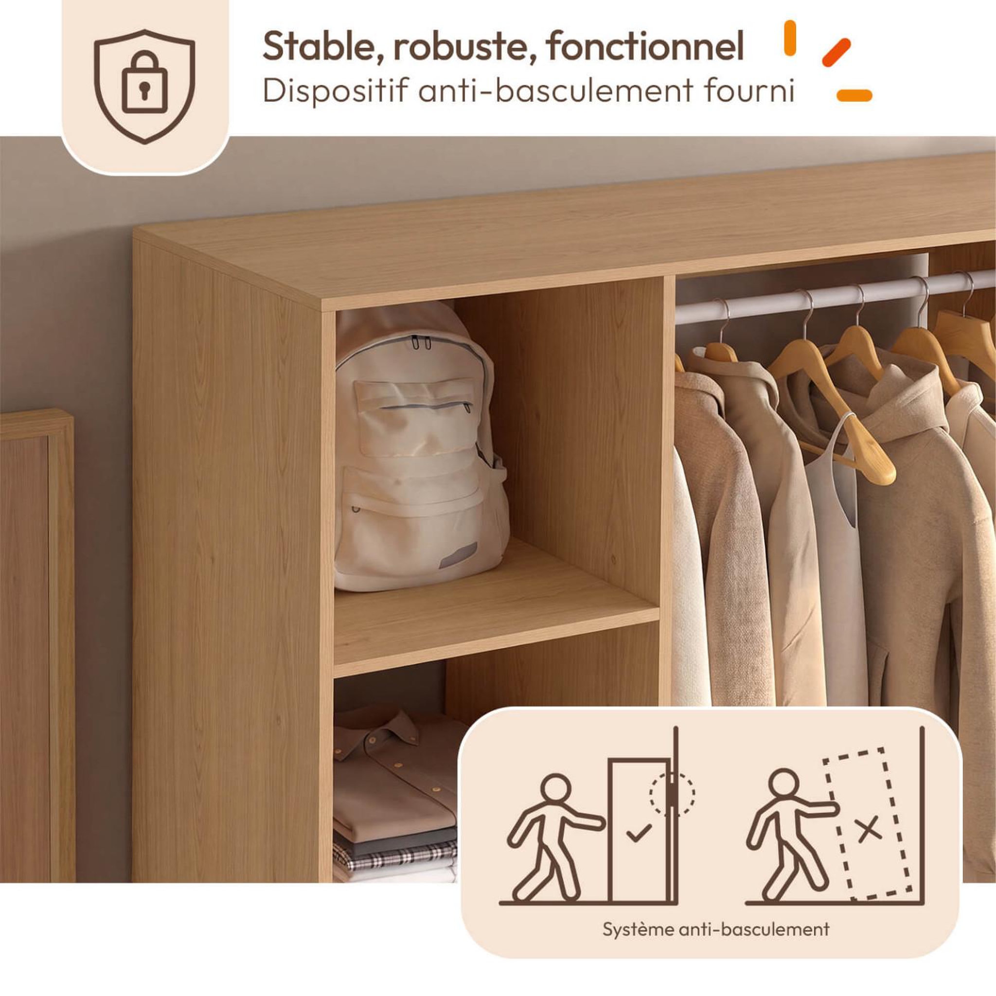 Voir la diapositive 6 : ID MARKET Dressing double penderie + double colonne l. 140 cm uppah avec 6 étagères et 6 bacs en tissu bois et blanc