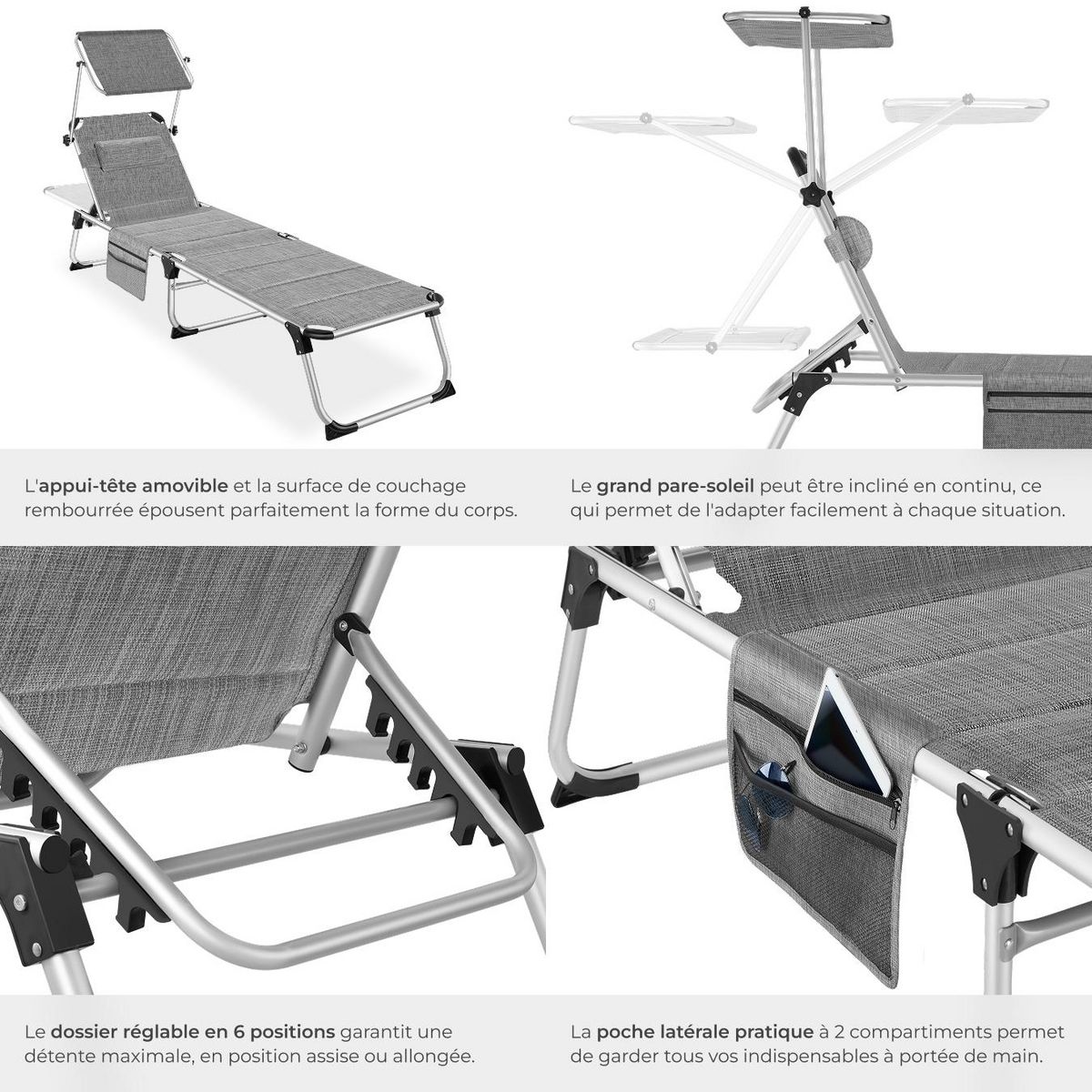 tectake Bain de soleil rembourré et pliable gris tacheté