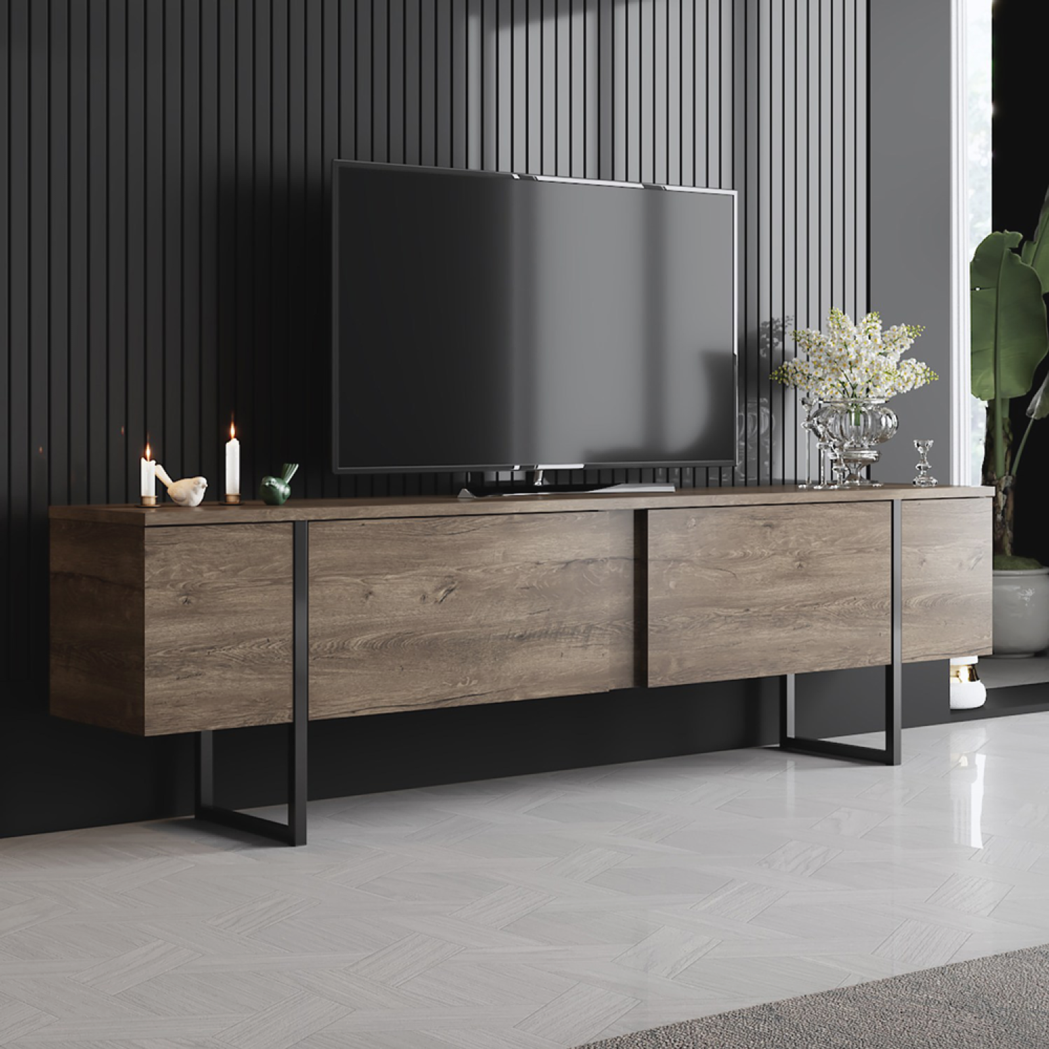 Voir la diapositive 2 : CONCEPT USINE Meuble tv avec placards aspect bois de noyer et détails noirs 180cm fropa