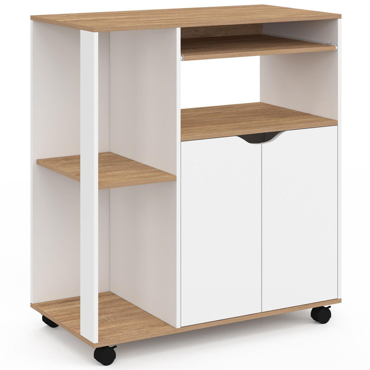 ID MARKET Desserte de cuisine COSI bois blanc et plateaux façon hêtre L.76 CM