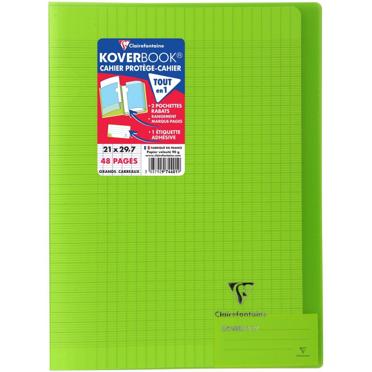 CLAIREFONTAINE Cahier polypro Koverbook 21x29,7cm 48 pages grands carreaux Seyes translucide vert