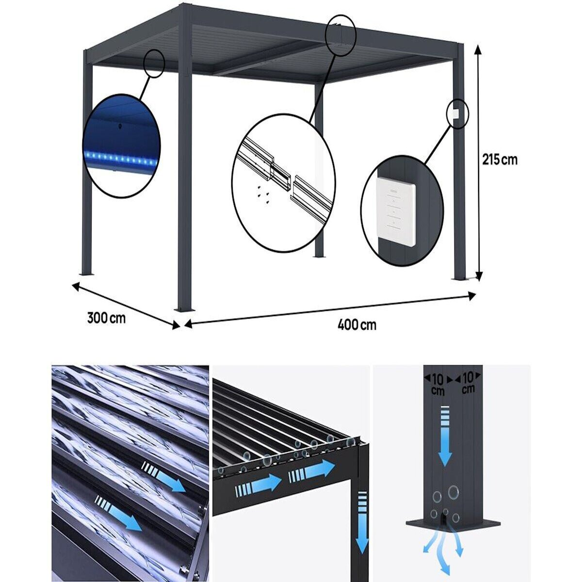 Habitat et Jardin Pergola bioclimatique motorisé avec led  Windsor  en aluminium 3 x 4 - Gris