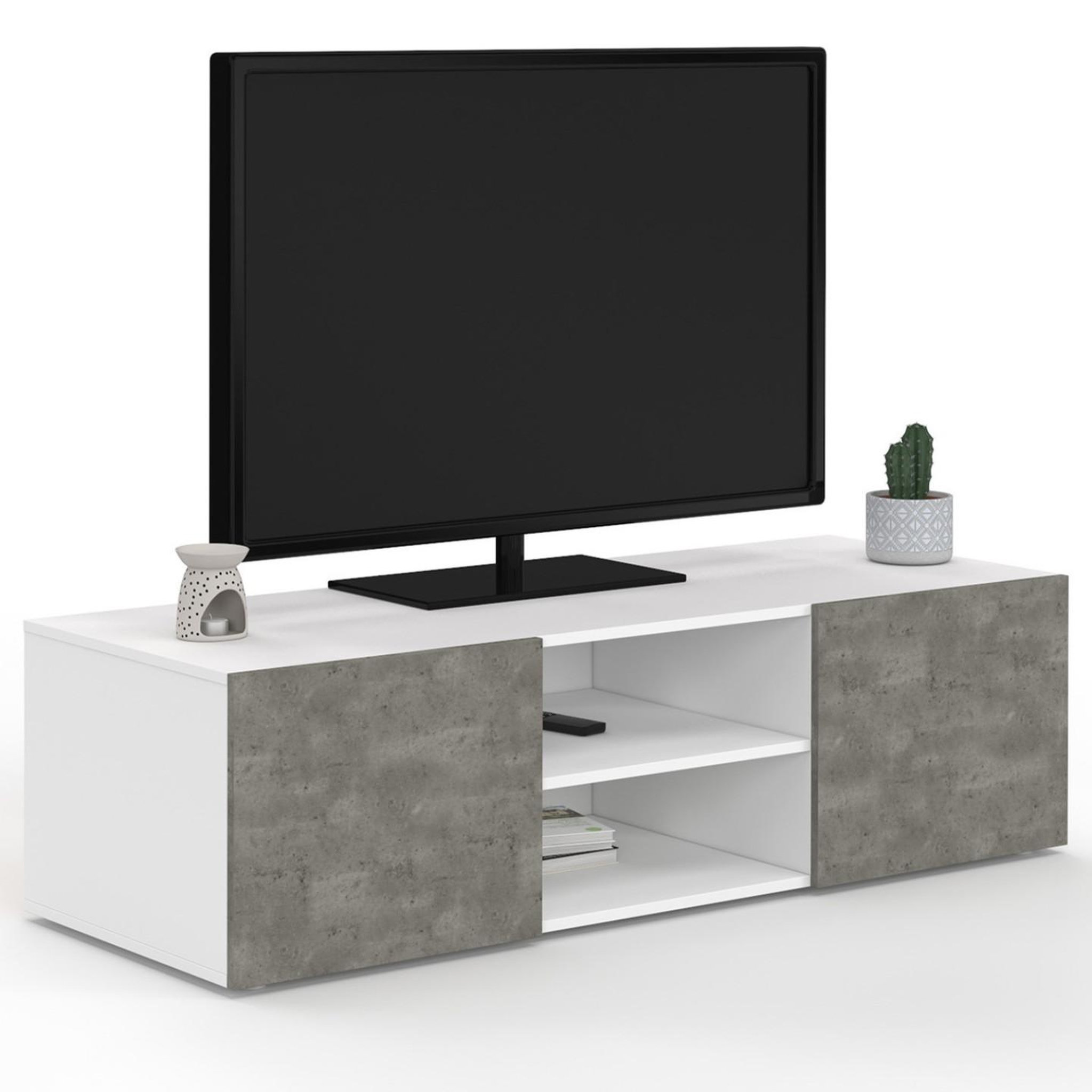 ID MARKET Meuble TV 113 cm ELI blanc portes effet béton