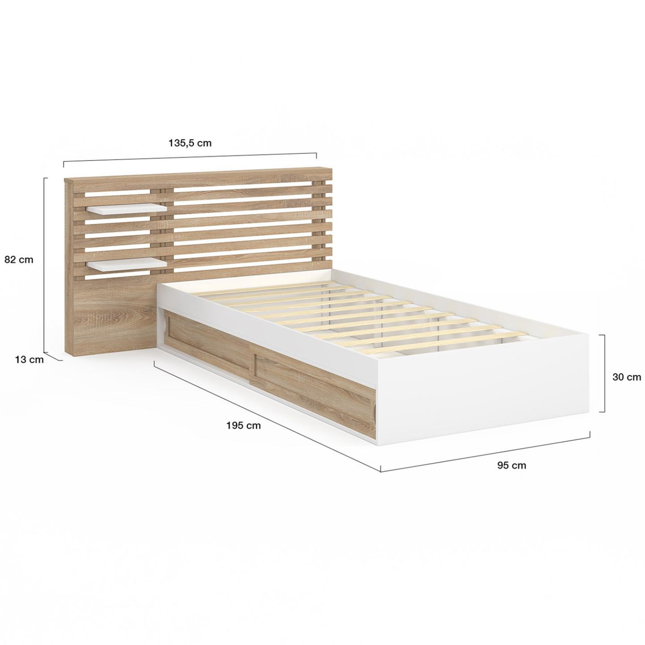 Voir la diapositive 5 : ID MARKET Lit simple savana avec tête de lit, chevets, rangements et sommier 90 x 190 cm façon hêtre et blanc