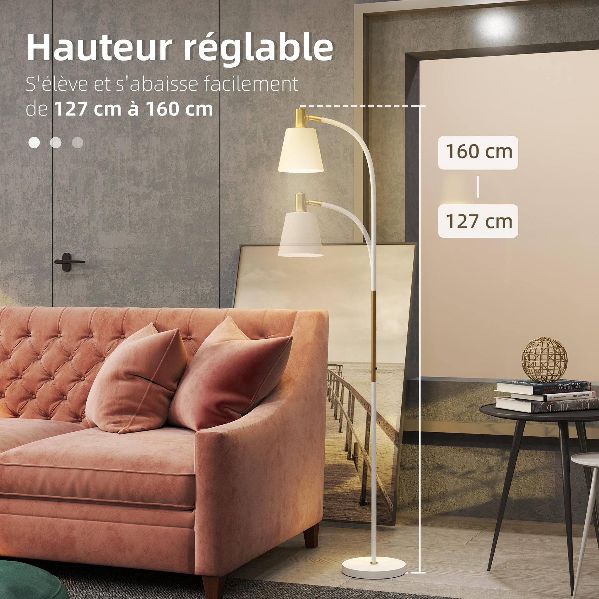 Voir la diapositive 4 : HOMCOM Lampadaire design néo-rétro hauteur réglable H.127-160 cm métal plastique blanc doré