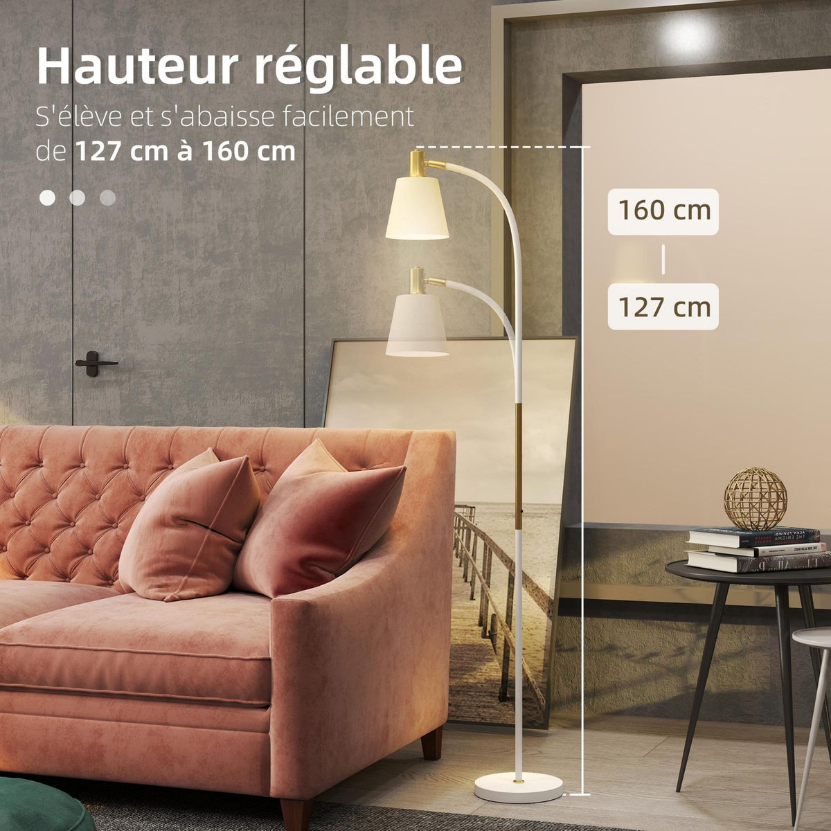 HOMCOM Lampadaire design néo-rétro hauteur réglable H.127-160 cm métal plastique blanc doré