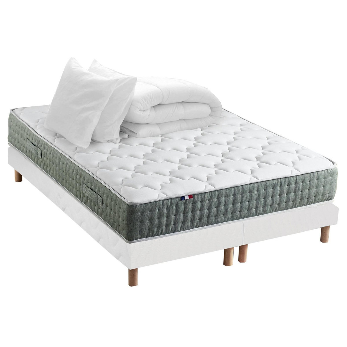 IDLITERIE Ensemble matelas Ressort 7 zones HYGGE + Sommier + couette + oreillers Fabriqué en France