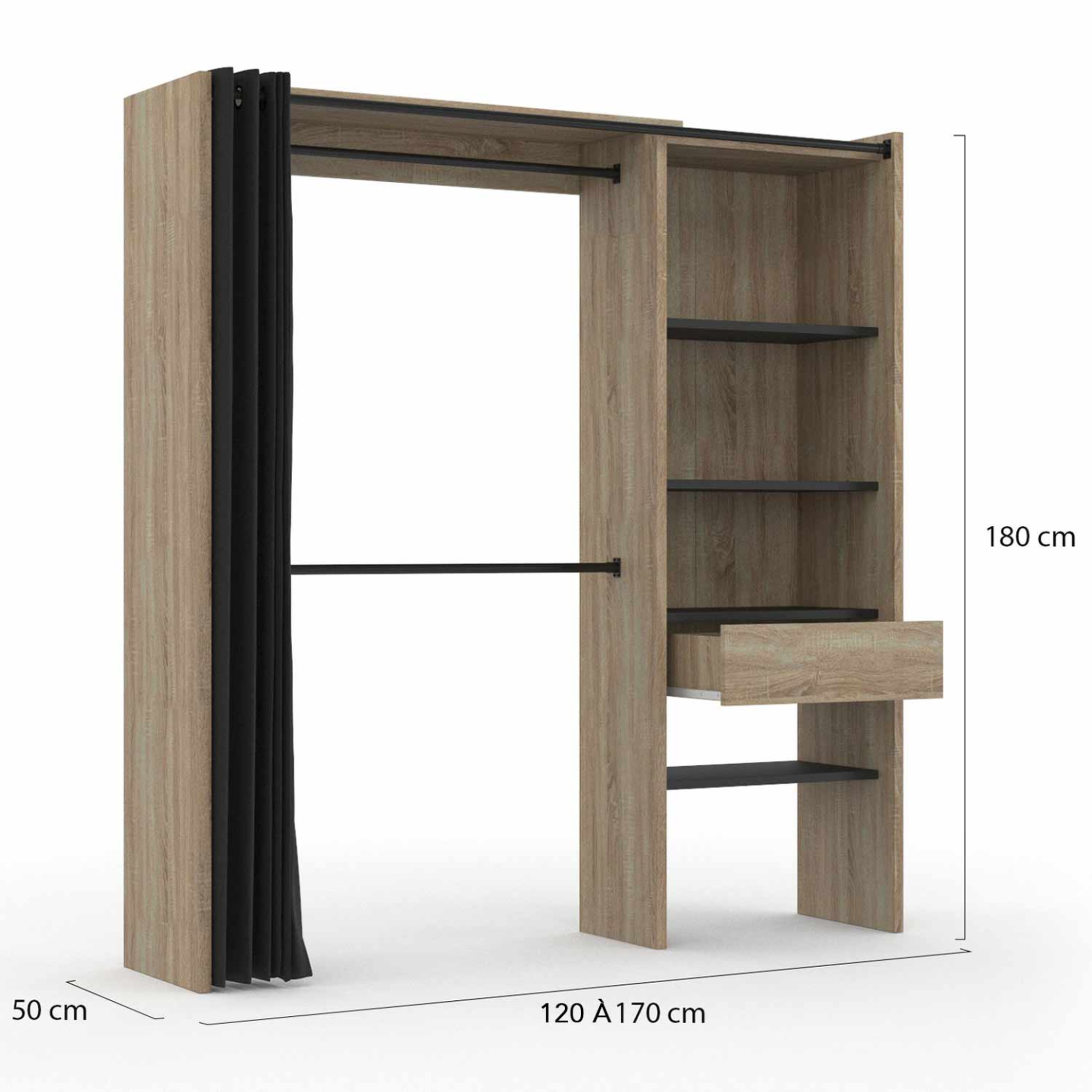 Voir la diapositive 4 : ID MARKET Dressing extensible marty 120/170 x 50 x 180 cm hêtre avec étagères + double penderie + rideau noir
