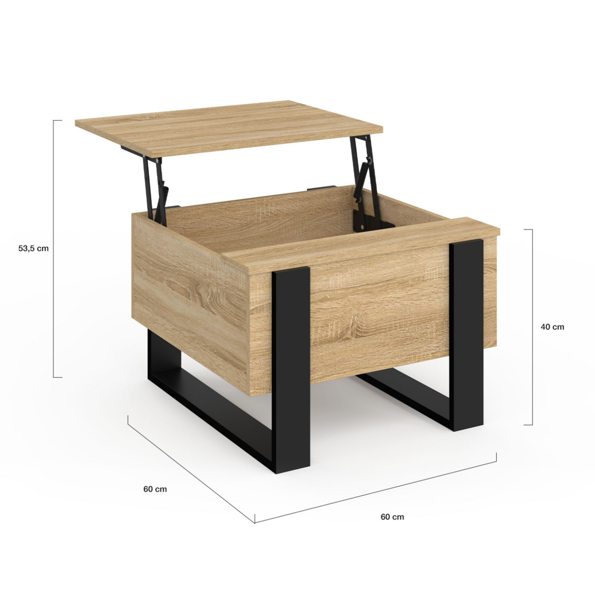 ID MARKET Table basse carrée plateau relevable 70 cm PHOENIX bois et noir