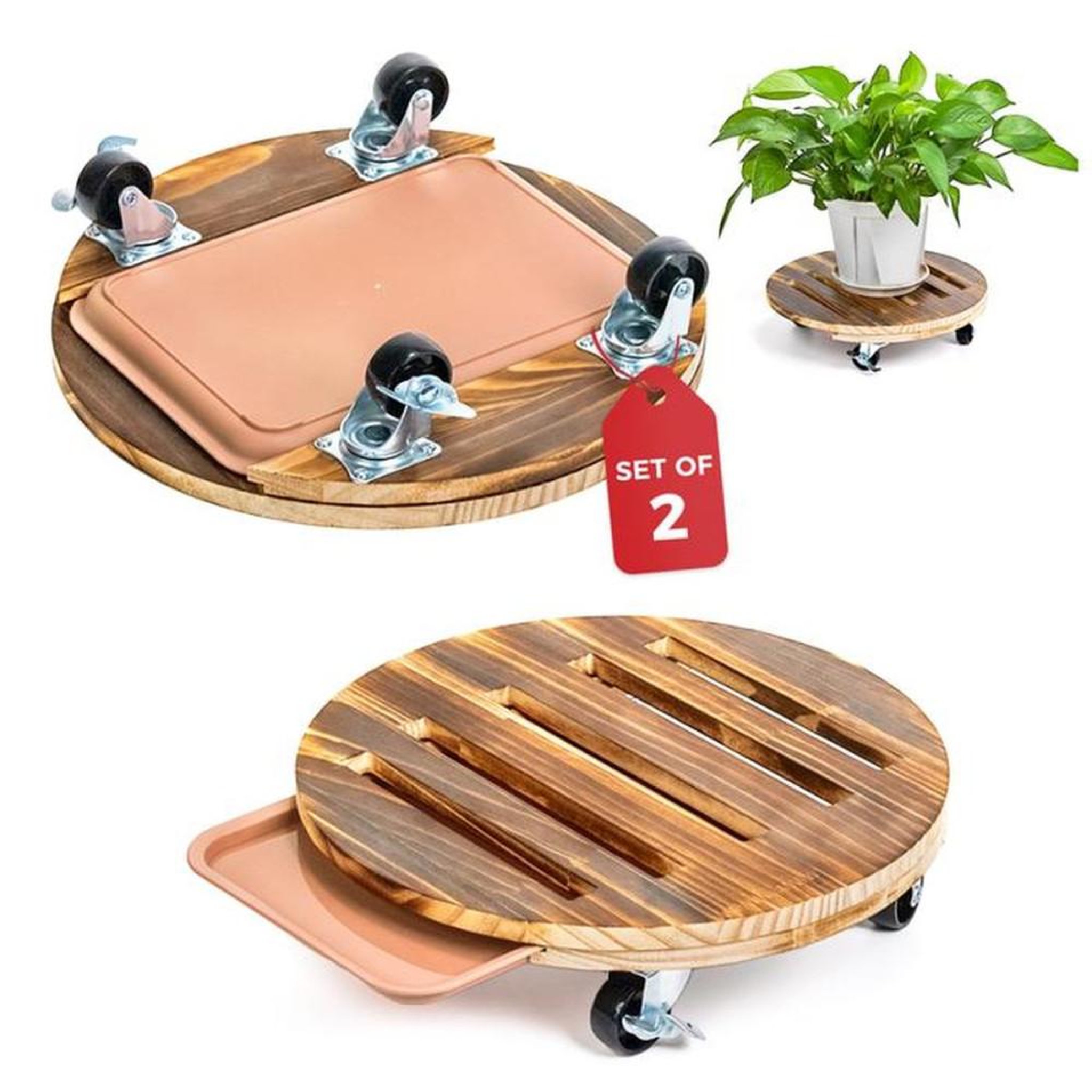 Set de 2 supports de plantes en bois renforcé avec roulettes silencieuses et freins, plateau Ø 30,5 cm