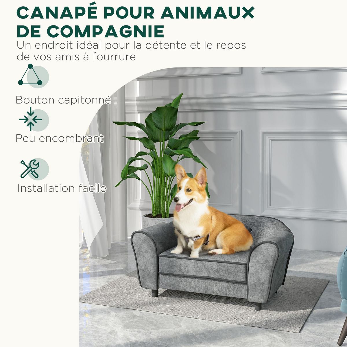 PAWHUT Canapé pour chien design - coussin déhoussable - dim. 74L x 41l x 32,5H cm - velours gris