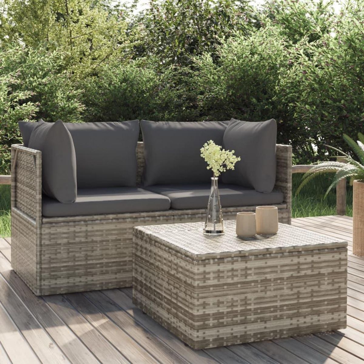 VIDAXL Salon de jardin 3 pcs avec coussins Gris Resine tressee