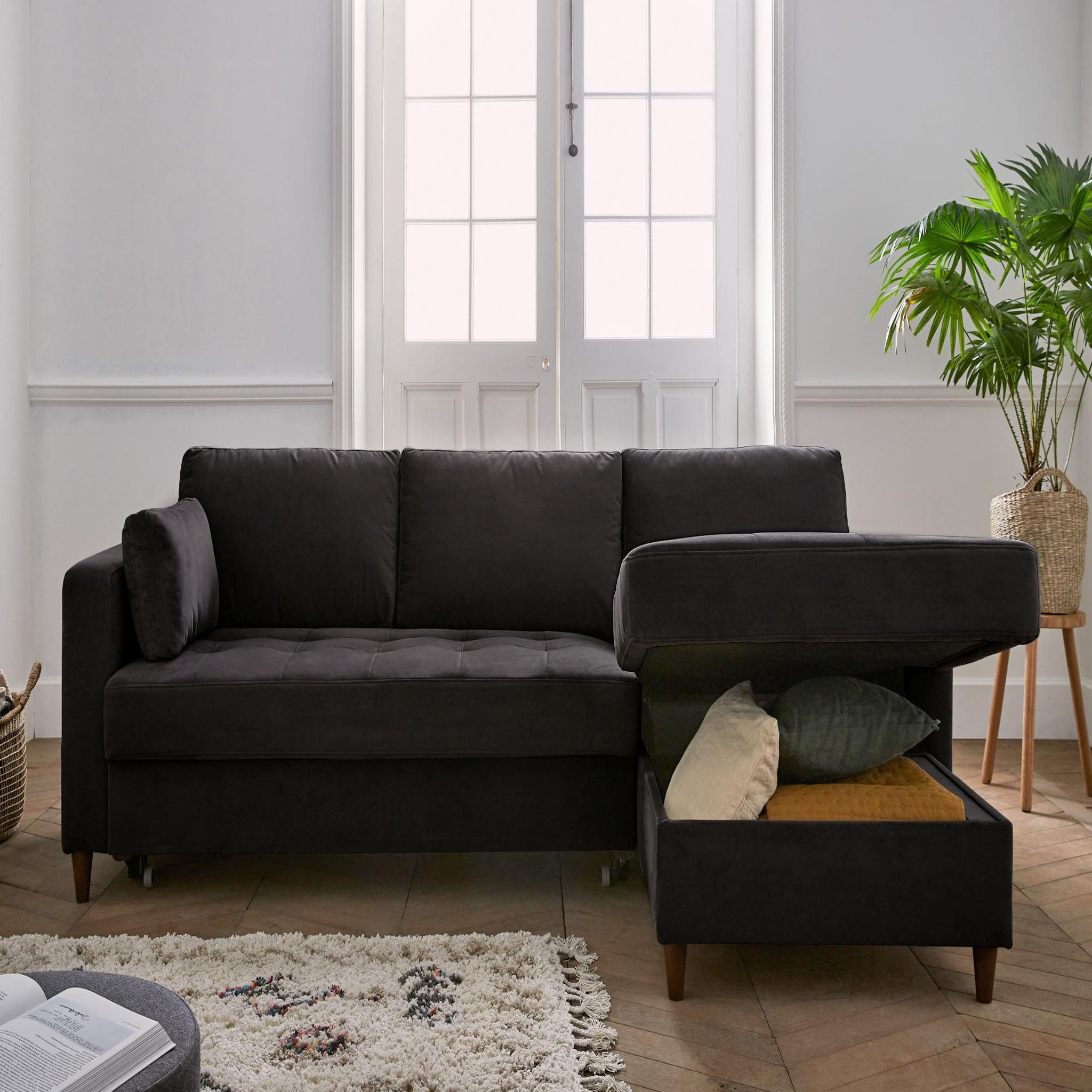 Voir la diapositive 4 : BEST MOBILIER Anna - canapé d'angle droit - 4 places - convertible avec coffre - en velours