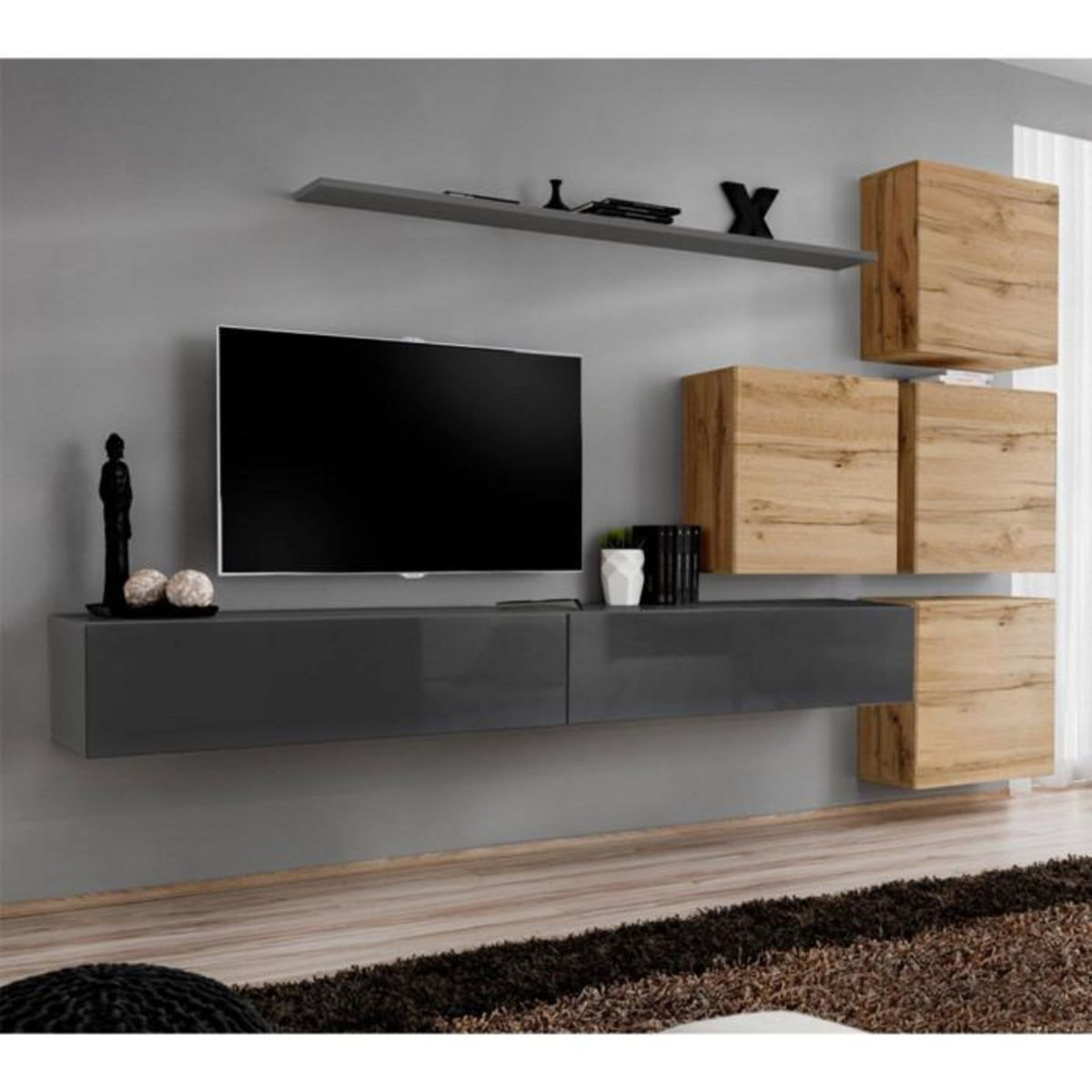Paris Prix Meuble TV Mural Design  Switch IX  310cm Gris & Naturel