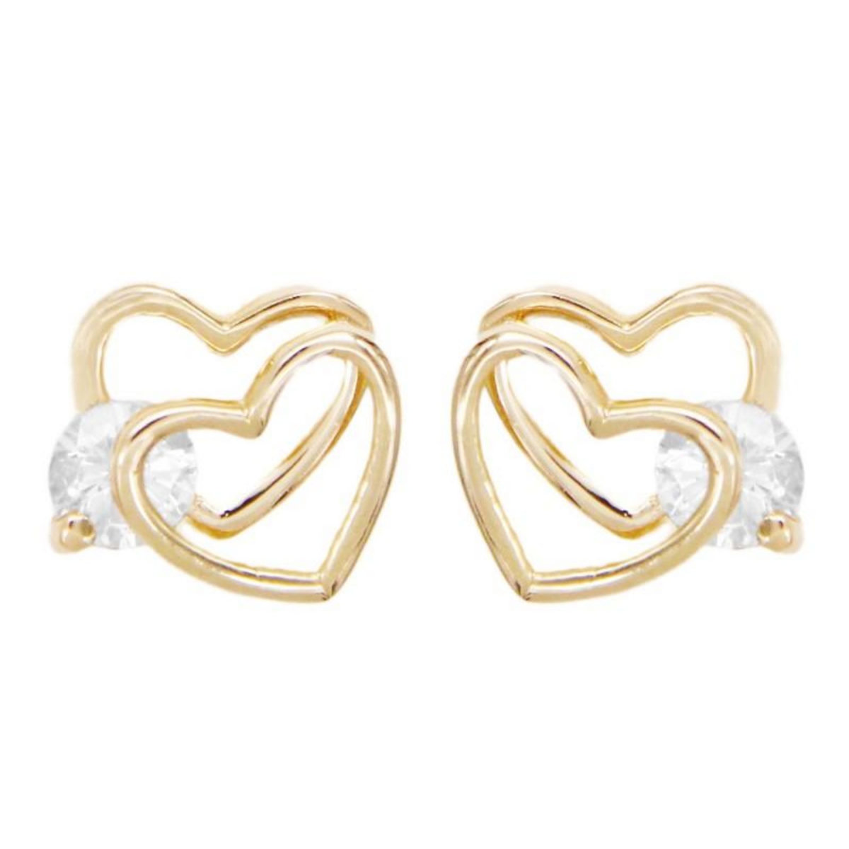 L'ATELIER D'AZUR Boucles d'Oreilles Or Jaune Coeurs Doubles Sertis de Zirconiums