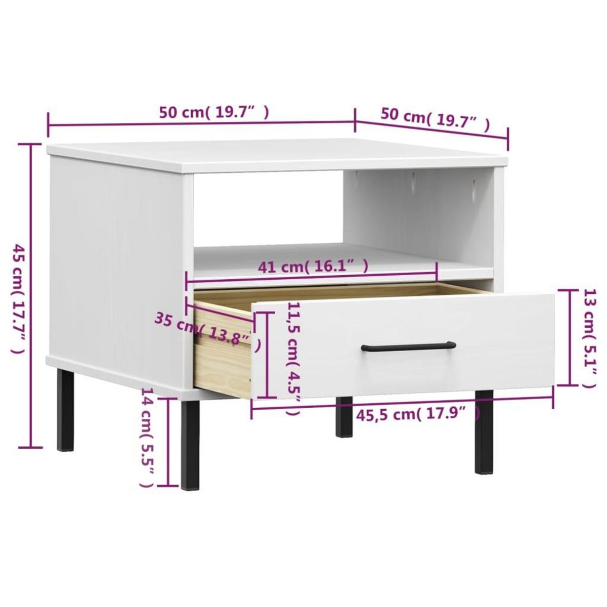 VIDAXL Table de chevet avec pieds en metal Blanc Bois pin massif OSLO