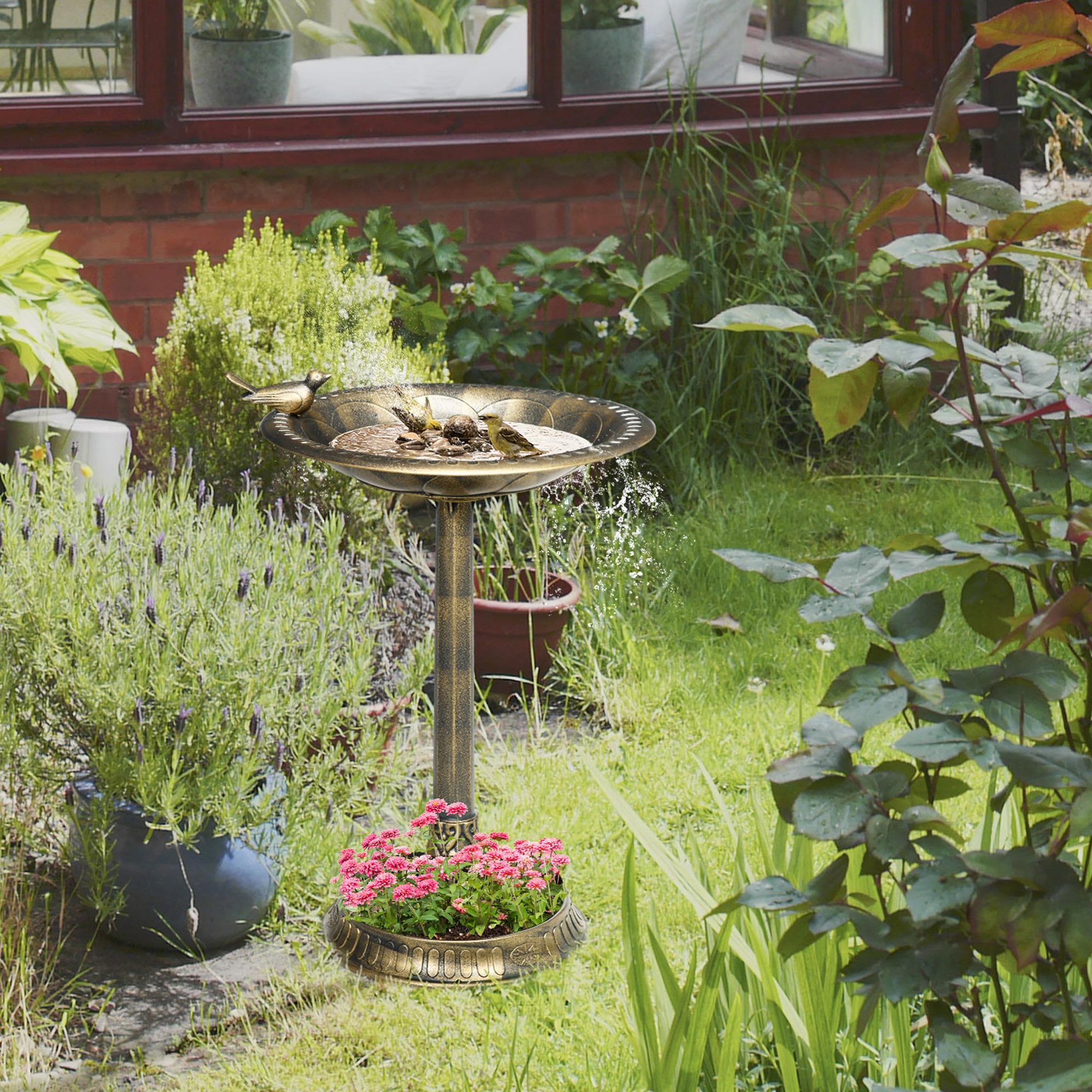 Voir la diapositive 2 : OUTSUNNY Bain d'oiseaux abreuvoir pour oiseaux jardinière 3 en 1 dim. Ø 50 x 72H cm PP bronze antique