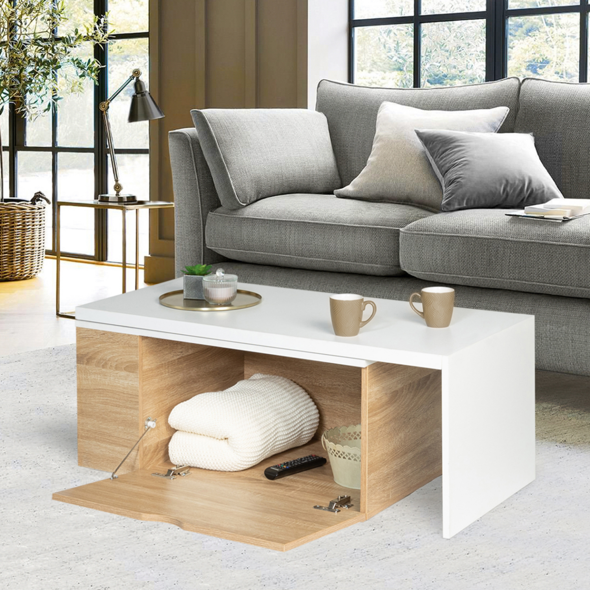 ID MARKET Table basse rotative bois et blanc 360° LIZZI extensible avec coffre