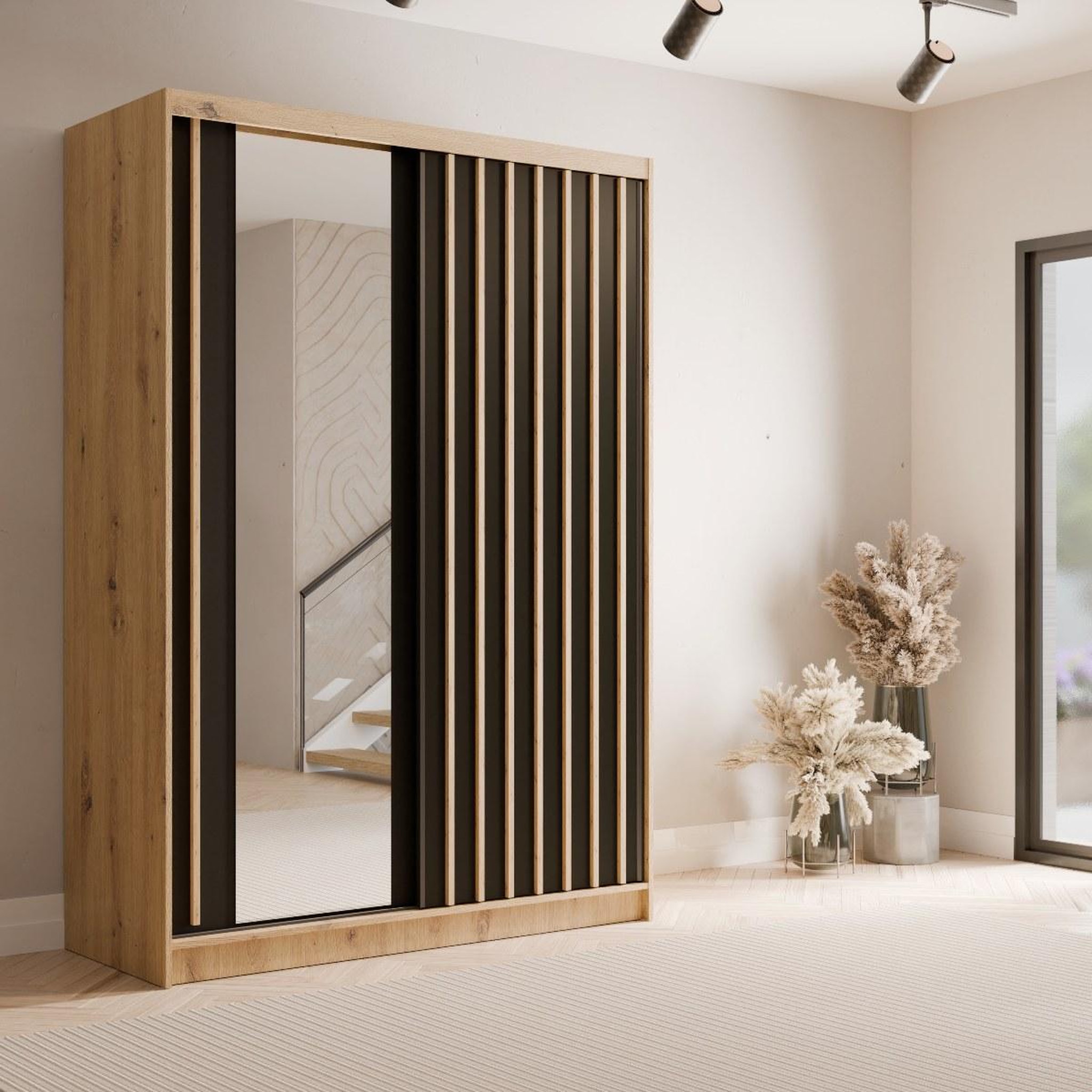Voir la diapositive 2 : JLC KREATION Armoire dressing moderne bois et noir 155cm celia