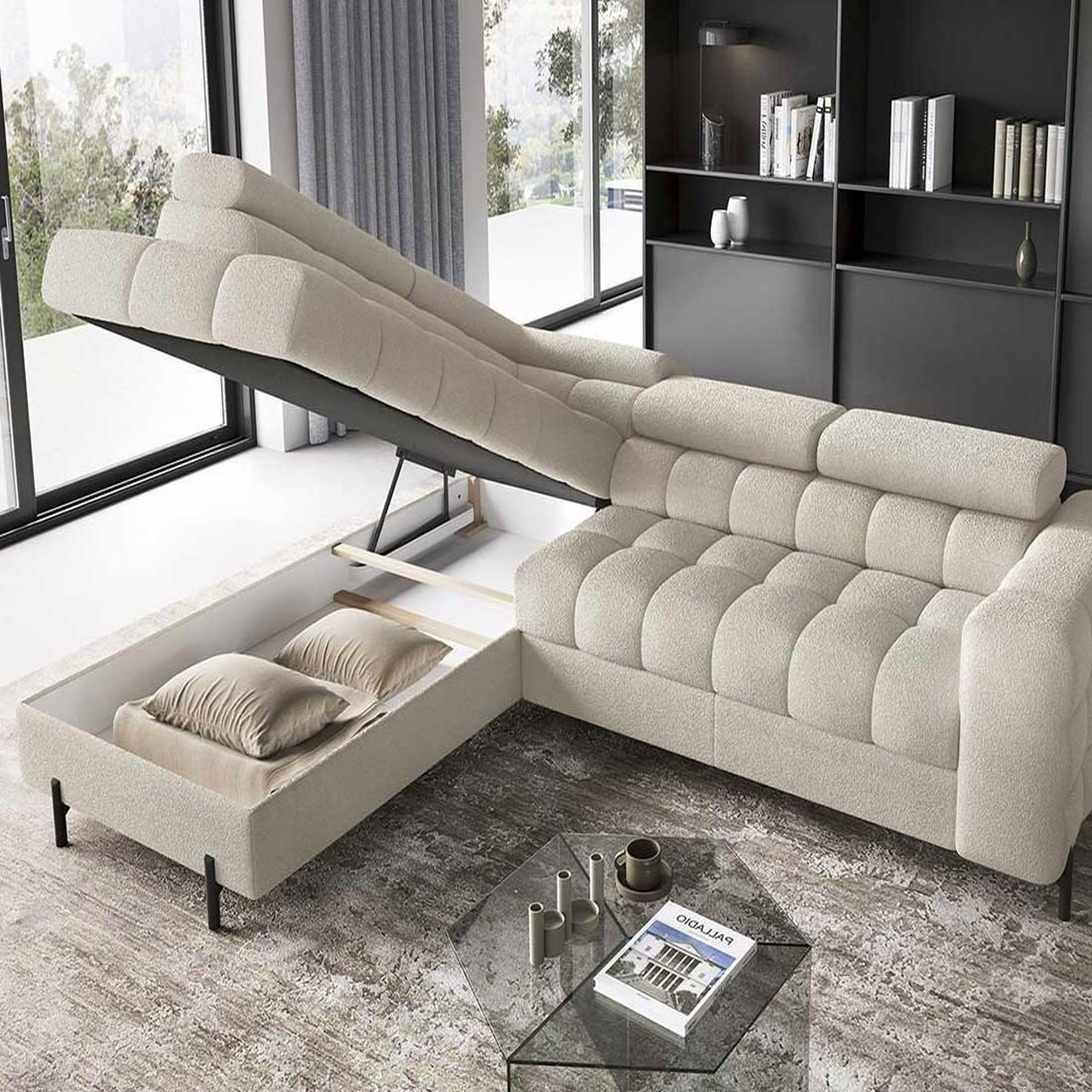 Voir la diapositive 3 : BEST MOBILIER Elisa - canapé d'angle gauche 5 places convertible avec coffre et têtières réglables en tissu bouclette