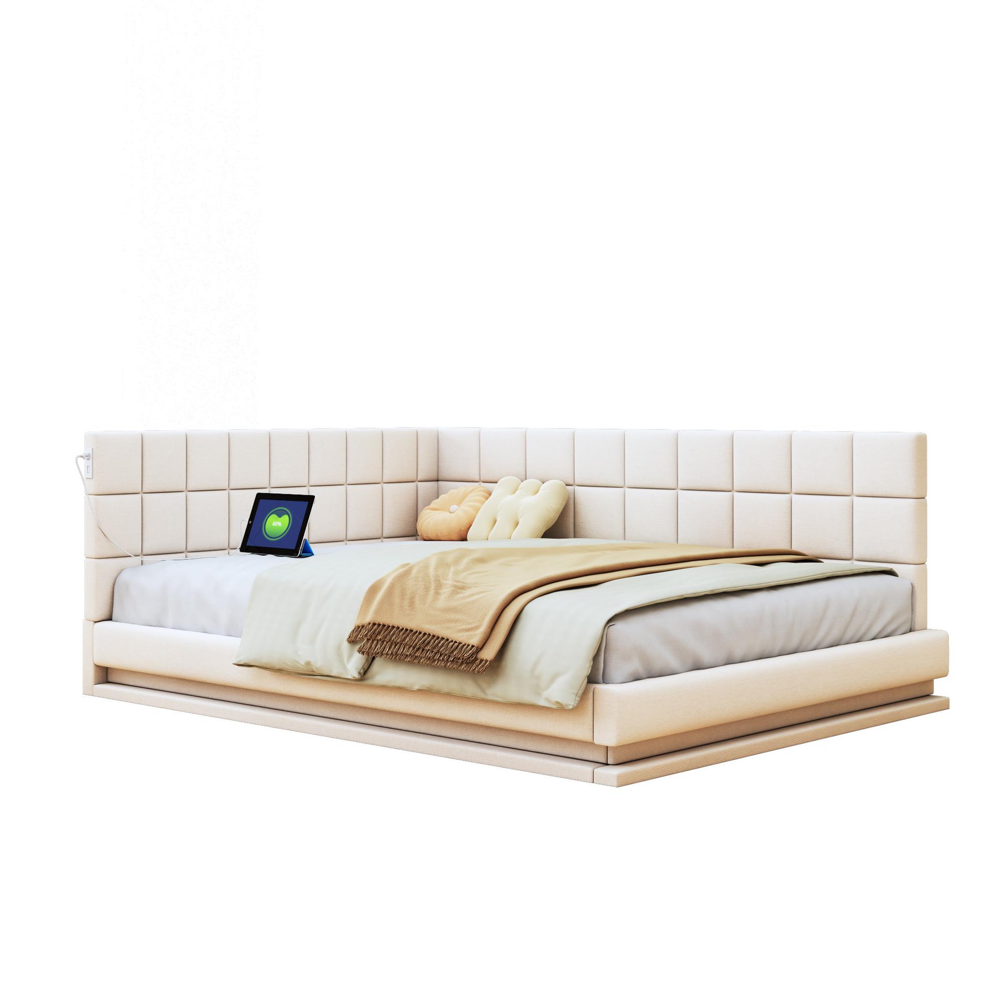 MERAX Lit 2 places rembourré 160x200cm. Coloris disponibles : Beige, Gris