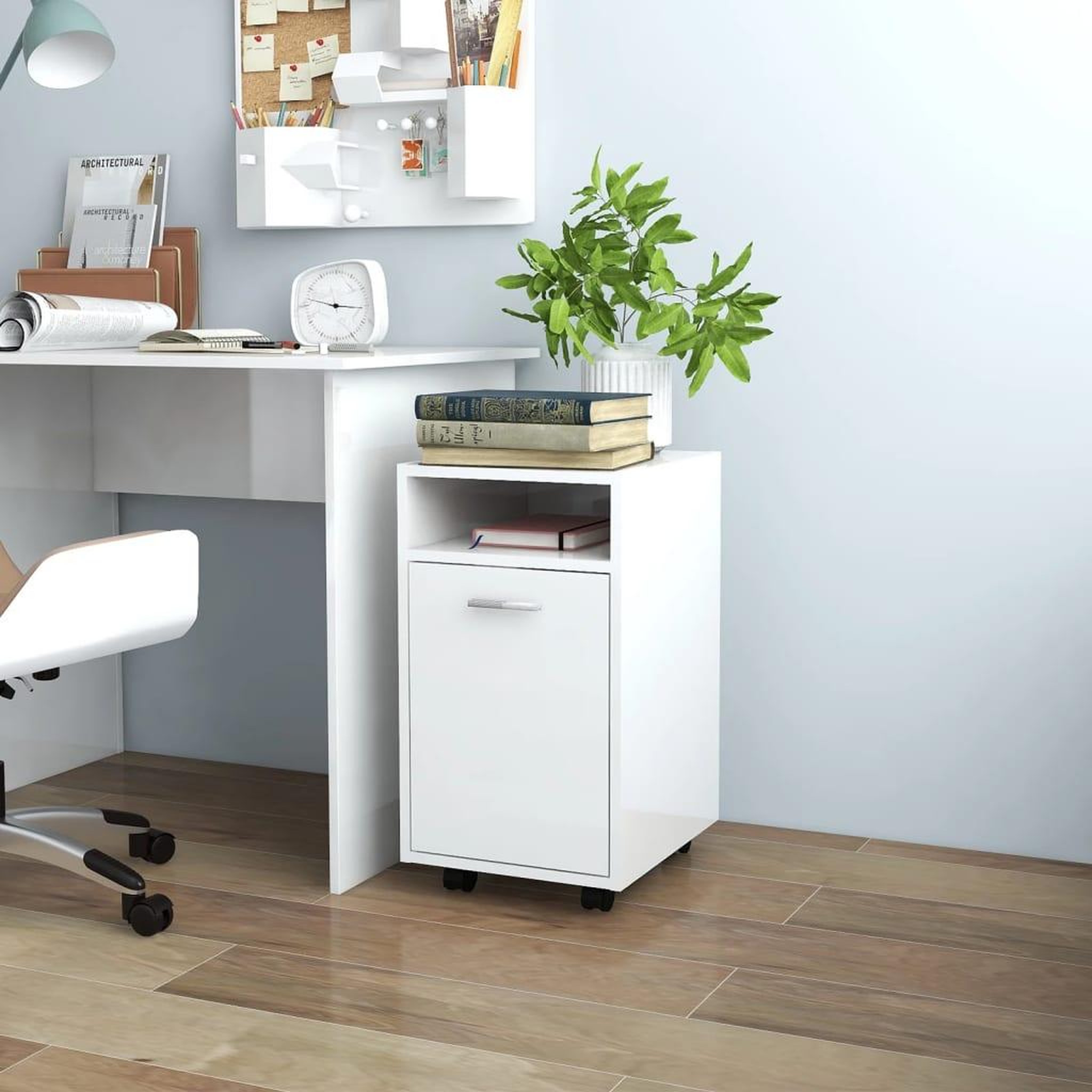 Voir la diapositive 1 : VIDAXL Armoire laterale avec roues Blanc brillant Bois d'ingenierie