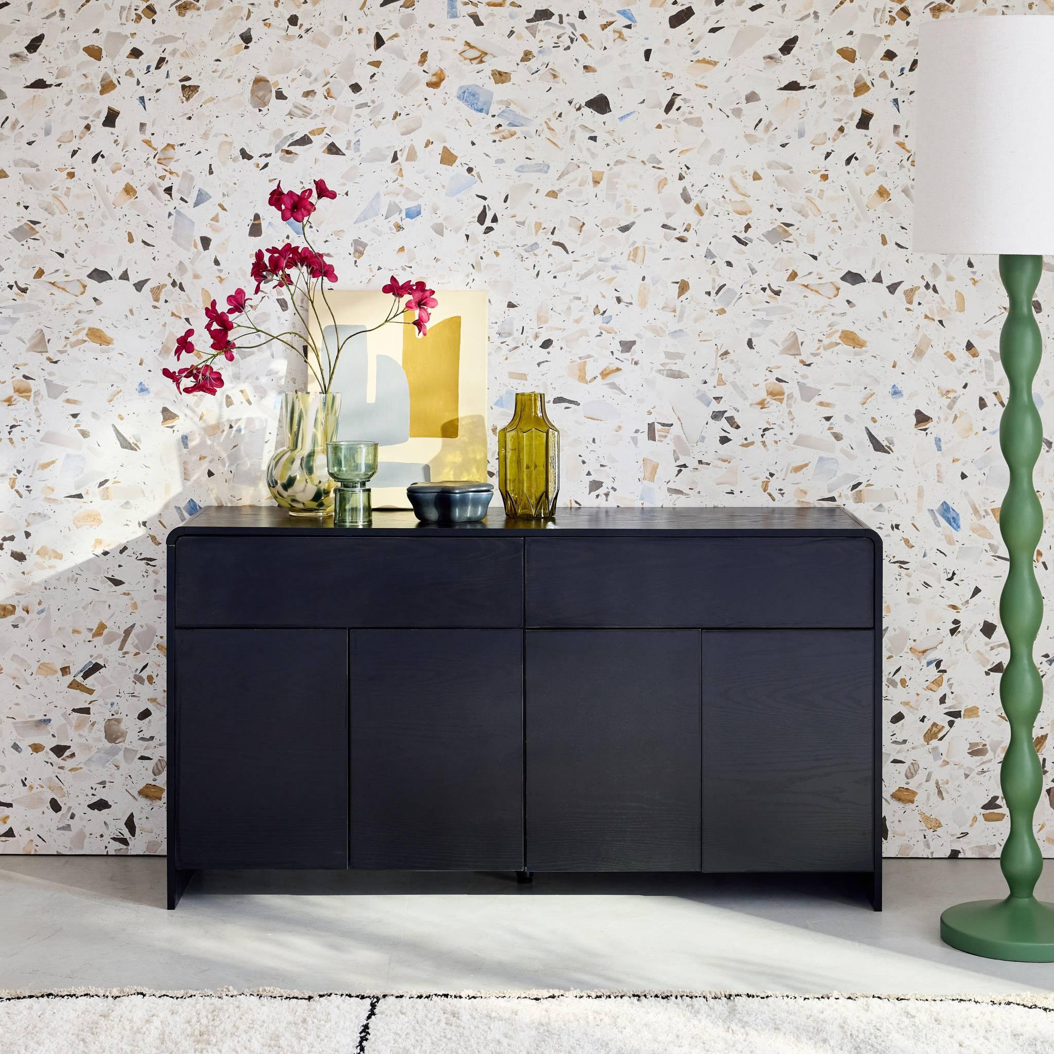 Voir la diapositive 2 : SWEEEK Buffet de rangement. buffet bas. 2 tiroirs 4 portes effet bois noir arrondi