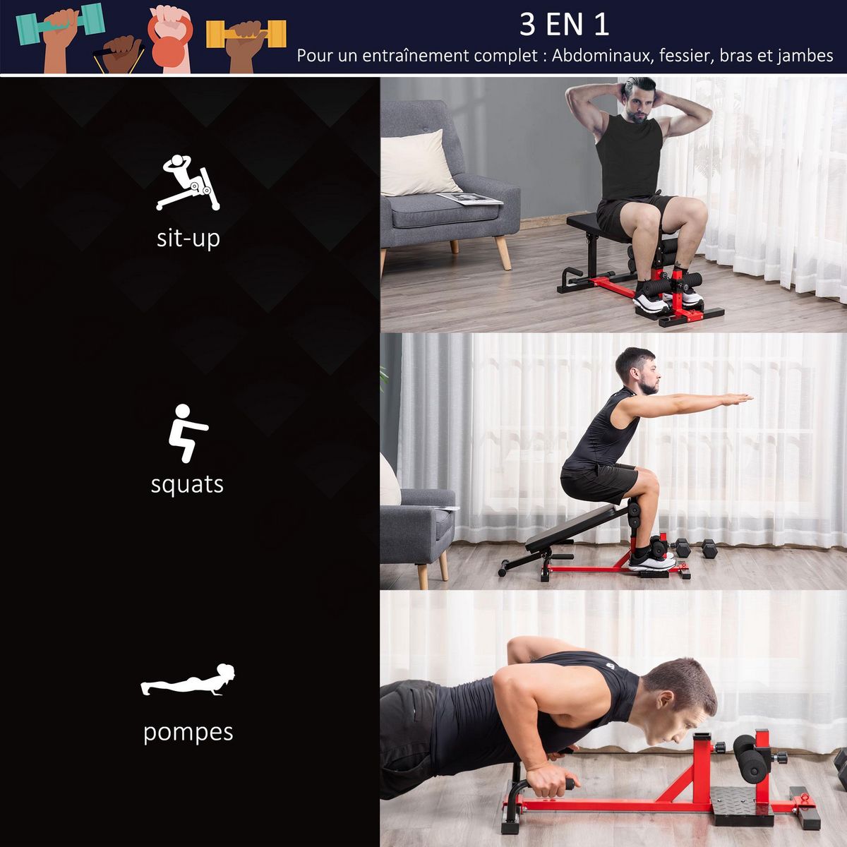 HOMCOM Banc à squat pliable sissy squat machine à squat - appareil de musculation 3 en 1 - hauteur réglable 6 positions - acier synthétique rouge noir