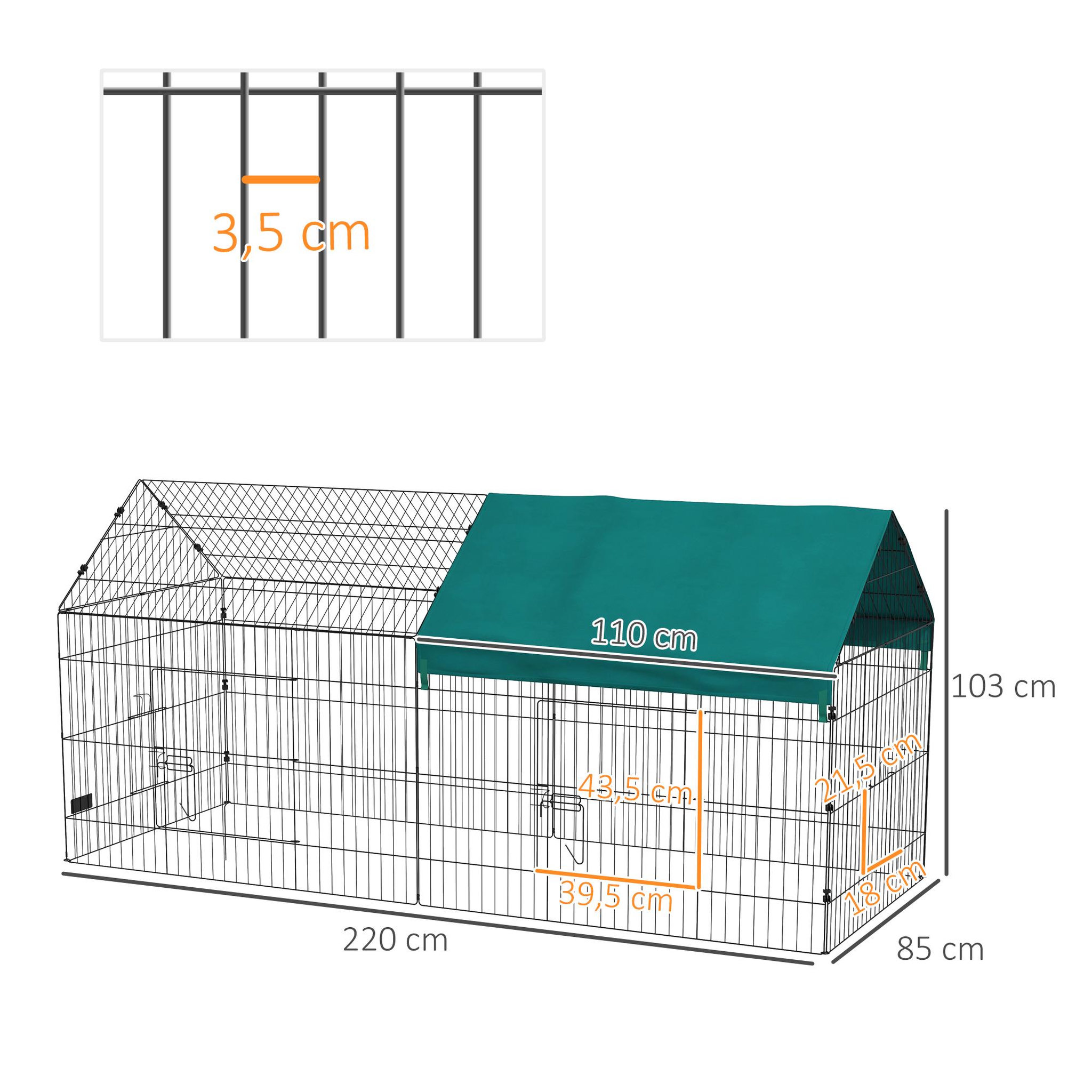 Voir la diapositive 3 : PAWHUT Parc enclos petits animaux - 2 portes, 2 trappes nourrissages, zone couverte - acier noir polyester vert