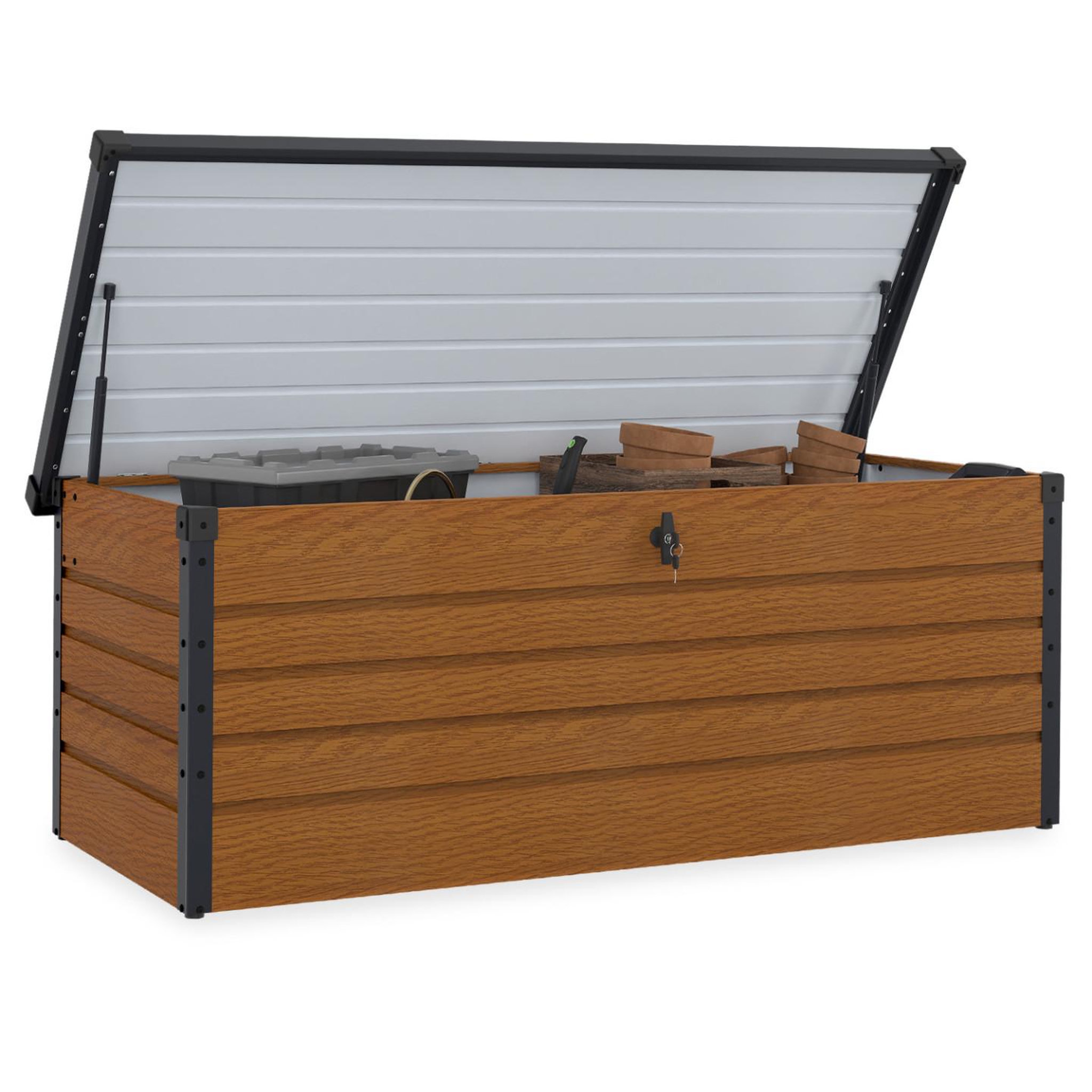 Voir la diapositive 1 : ID MARKET Coffre de rangement métal verrouillable effet bois et gris pour jardin 600l 165x70x63 cm