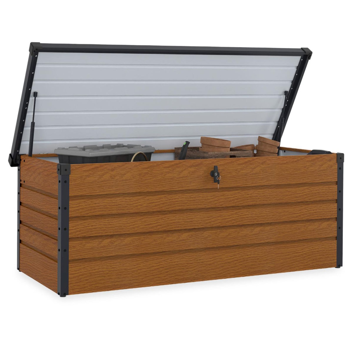 ID MARKET Coffre de rangement métal verrouillable effet bois et gris pour jardin 600L 165x70x63 cm