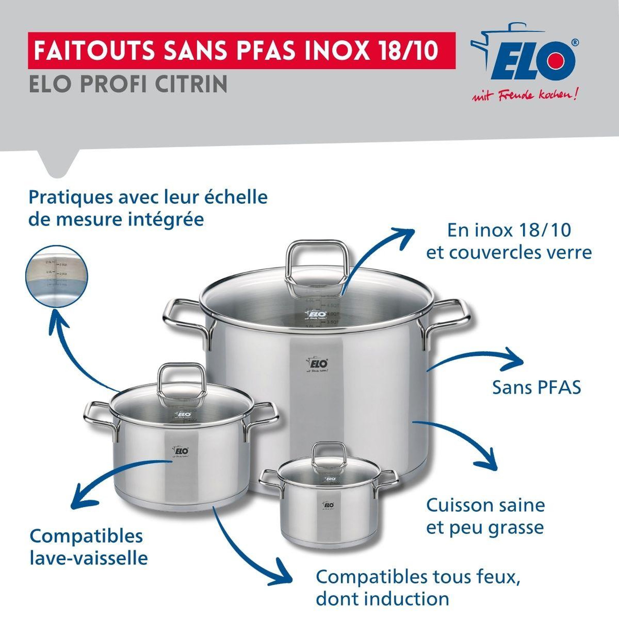 Voir la diapositive 3 : ELO Ensemble de 1 poêle de cuisson 24 cm et 3 faitouts 12, 16 et 26 cm elo profi citrin