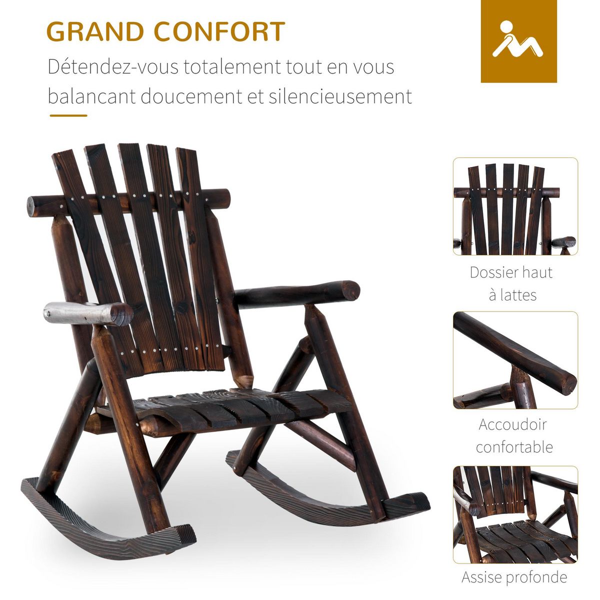 OUTSUNNY Fauteuil de jardin Adirondack à bascule rocking chair style rustique chic bois sapin traité carbonisation