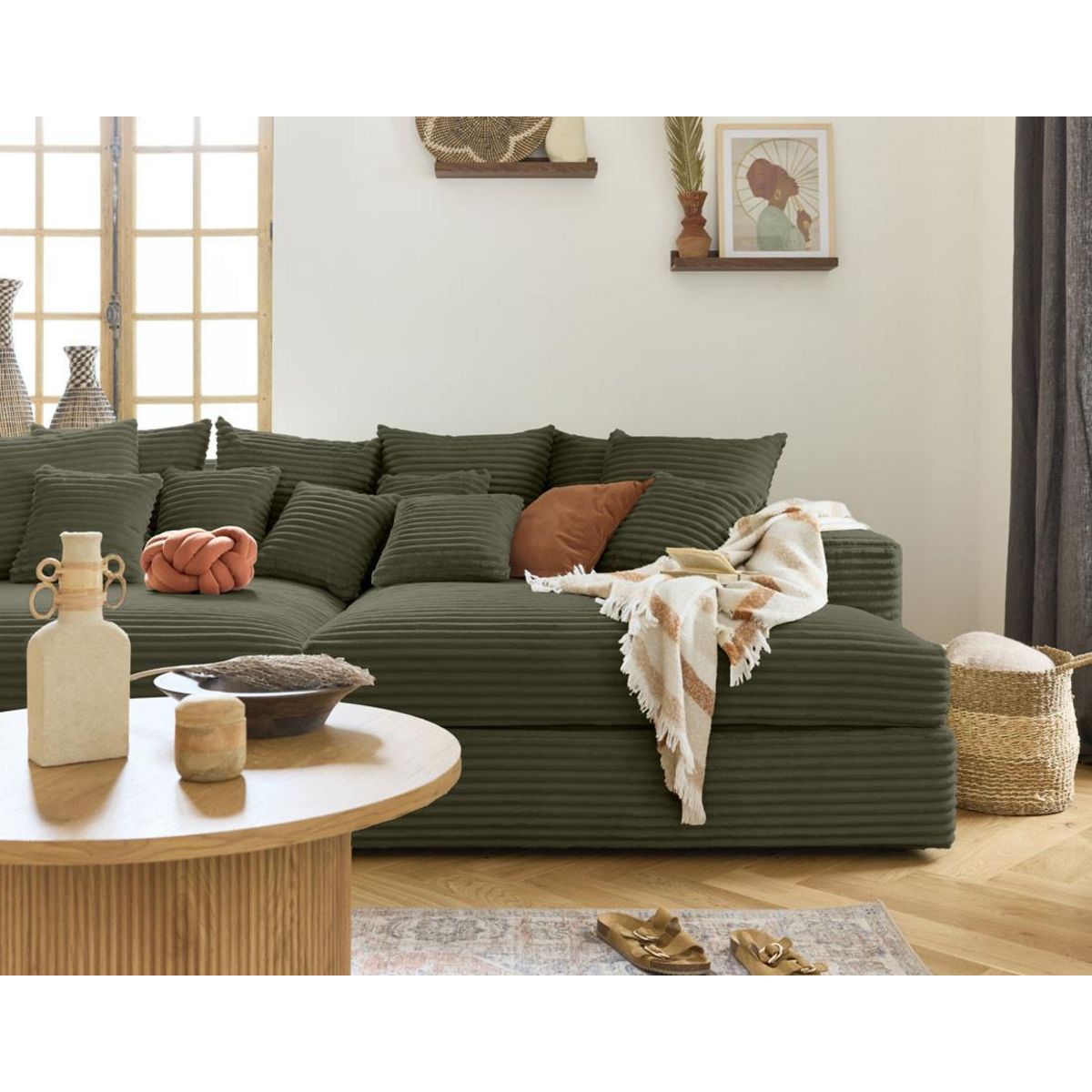 LISA DESIGN Collins - canapé droit 4 places avec double méridienne - assise profonde - velours côtelé grosses côtes