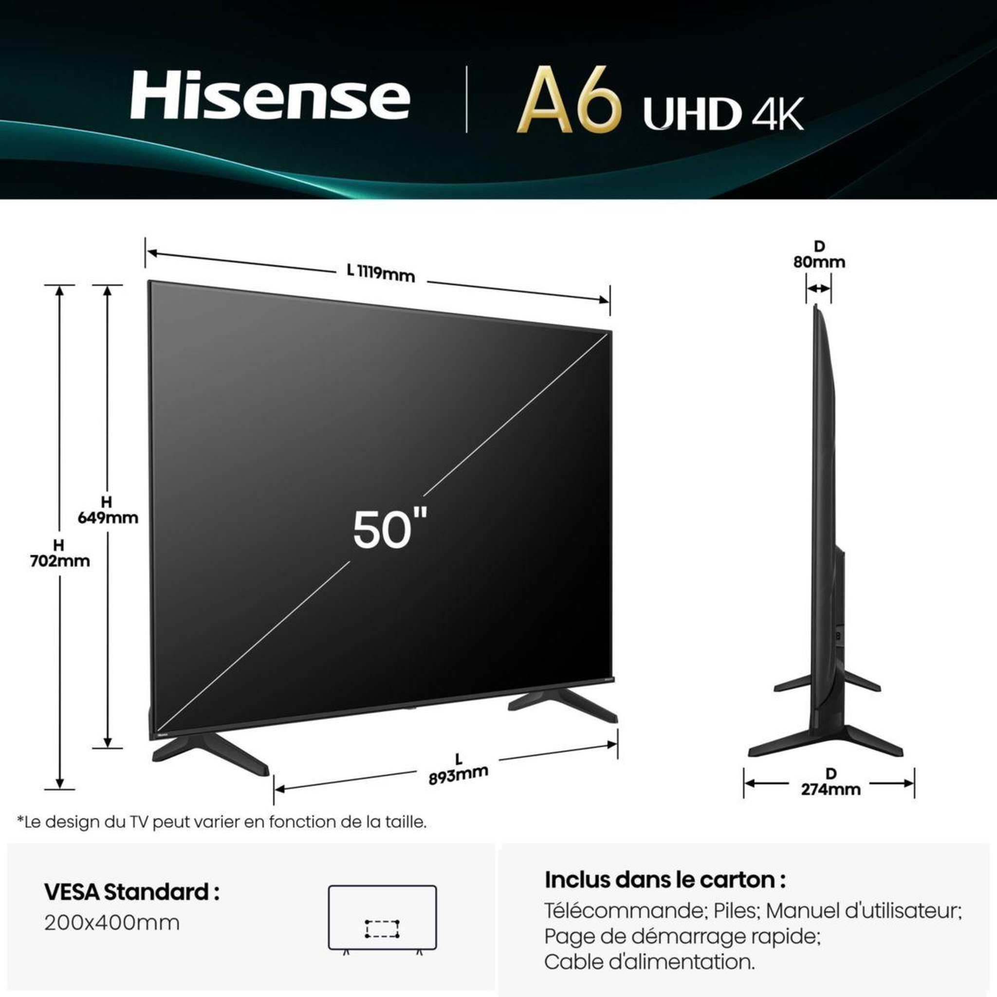 Voir la diapositive 5 : Hisense TV LED 50A6Q 2025 (126cm)