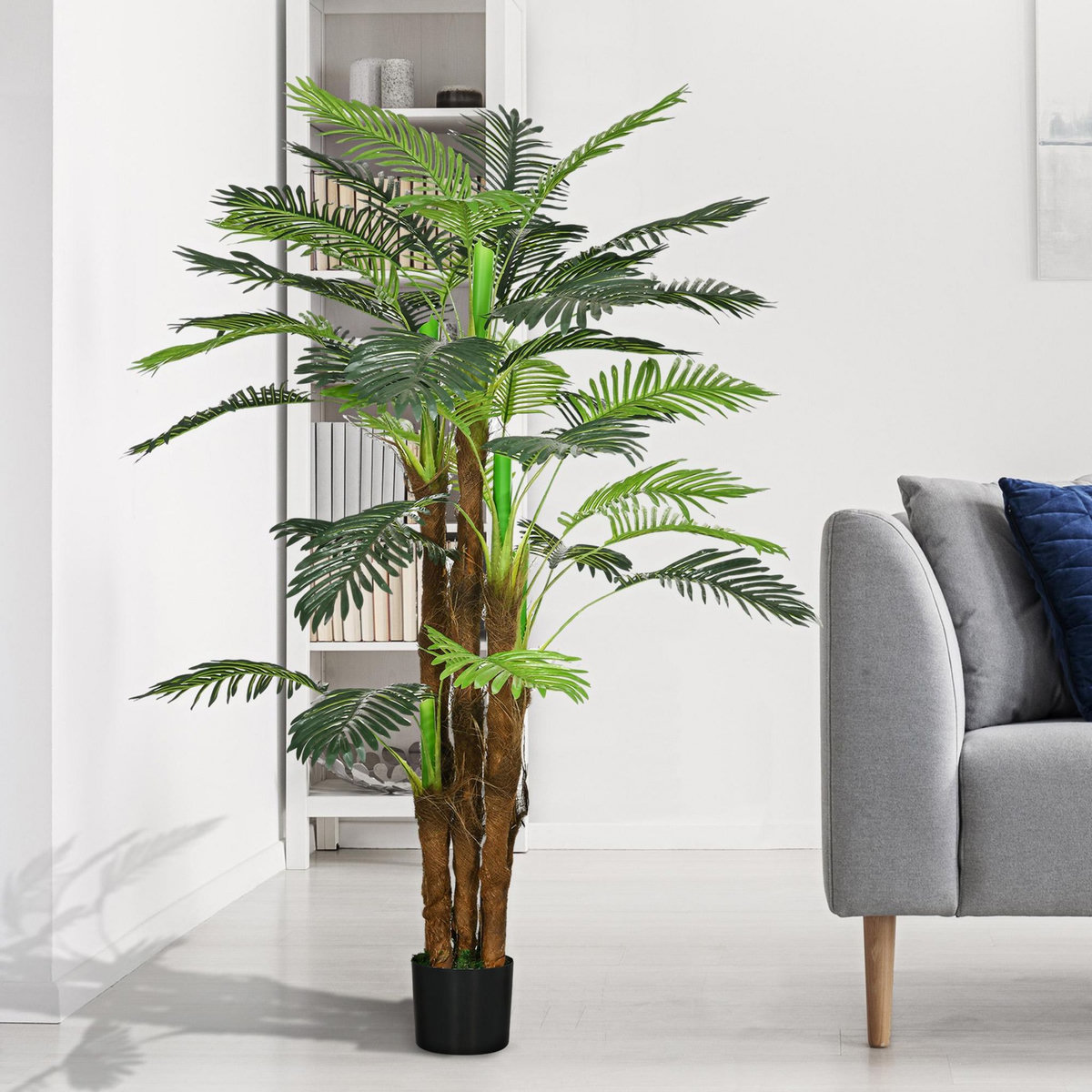 HOMCOM Palmier artificiel H.1,6 m arbre artificiel tronc branches lichen feuilles grand réalisme pot inclus