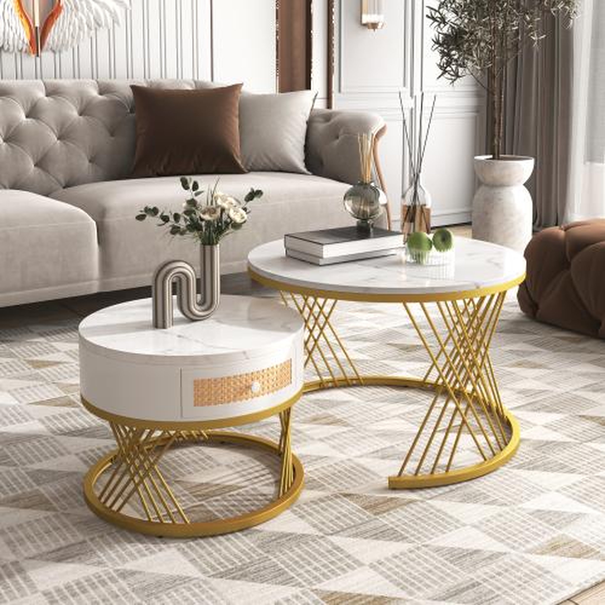 Voir la diapositive 4 : MERAX Table basse gigogne ronde blanc+doré - 70x70 cm mdf